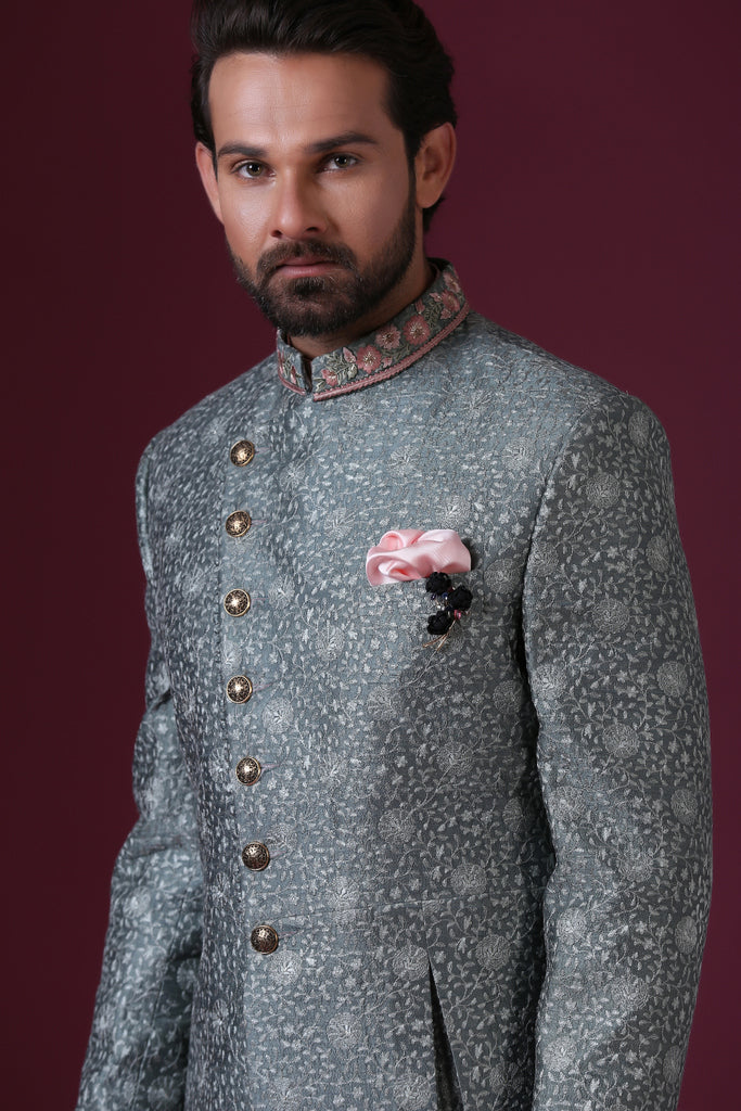 Light Green embroidered Indo-Western with a modern, asymmetric cut. Shop Now!
