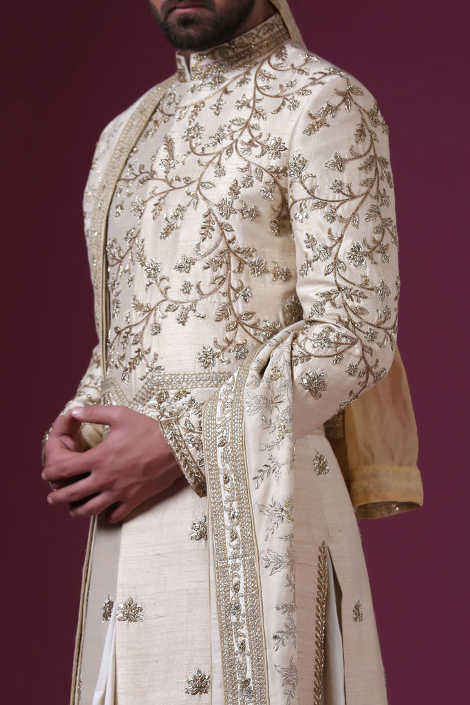 Elevate your attire with this ensemble: Raw silk coat paired with cotton trousers. Shop Now!