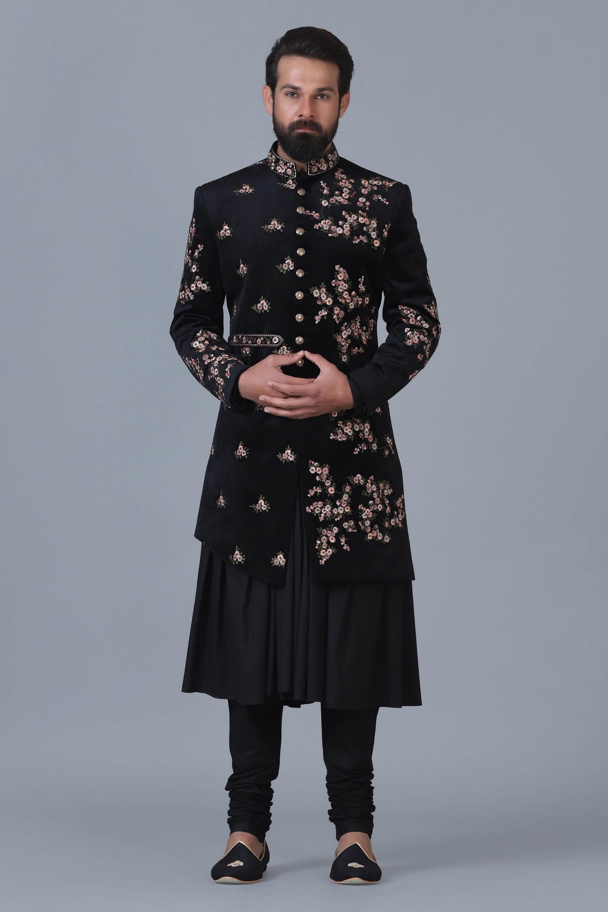 Stylish Black Velvet Embroidered Achkan– Brahaan by Narains