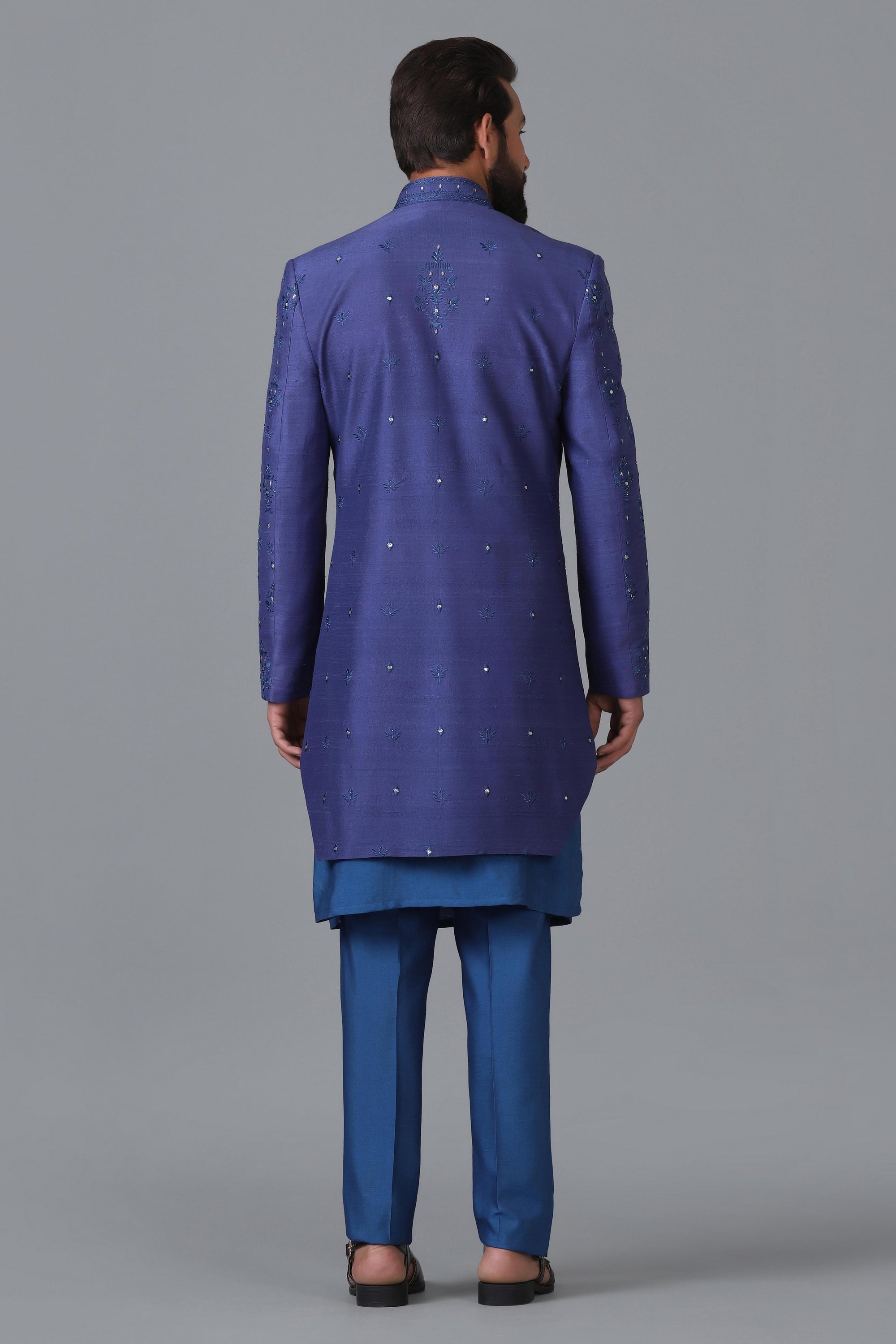 Elevate your style with our indigo blue Indowestern featuring embroidered motifs. Shop Now!