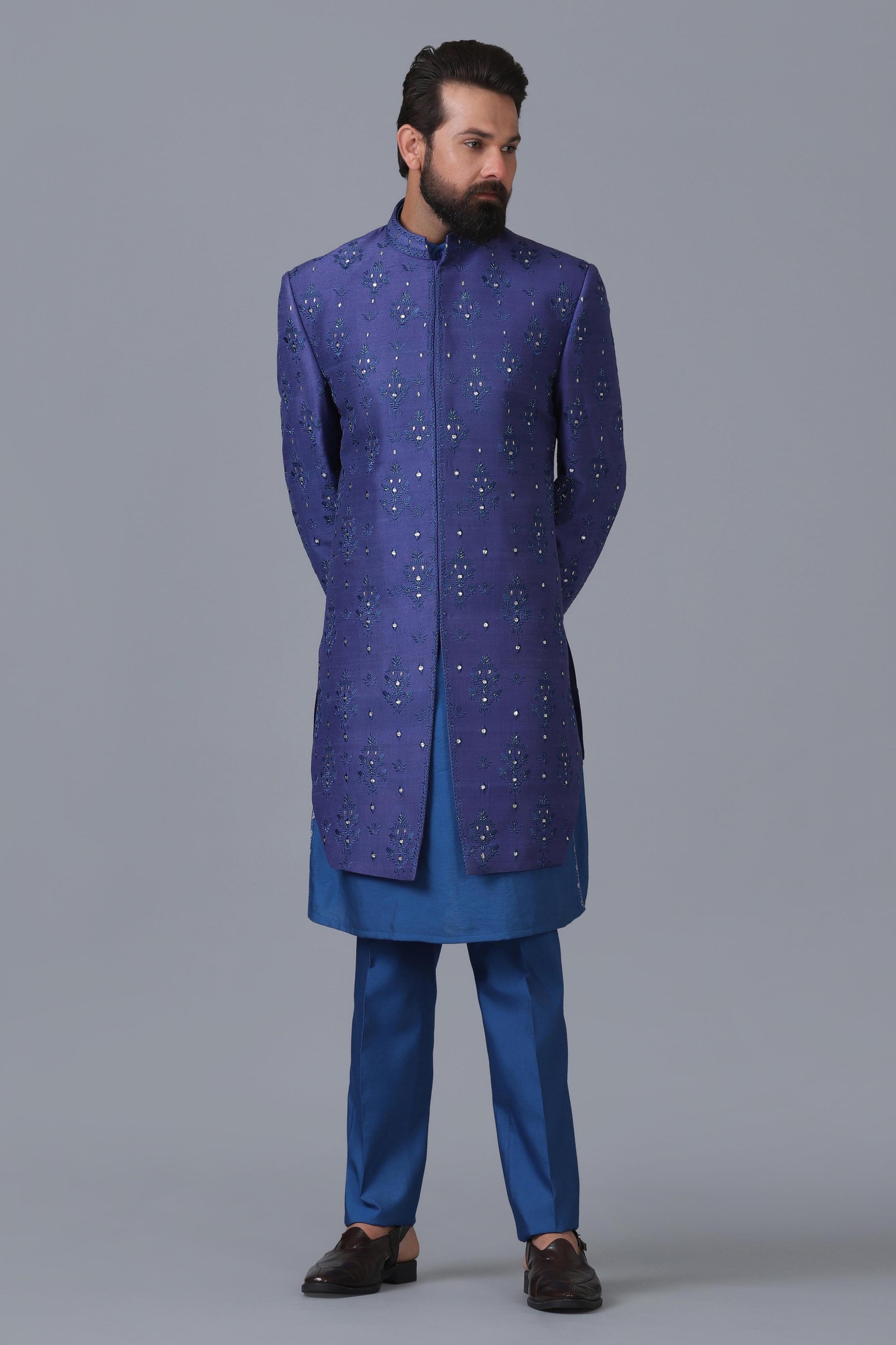 Elevate your style with our indigo blue Indowestern featuring embroidered motifs. Shop Now!