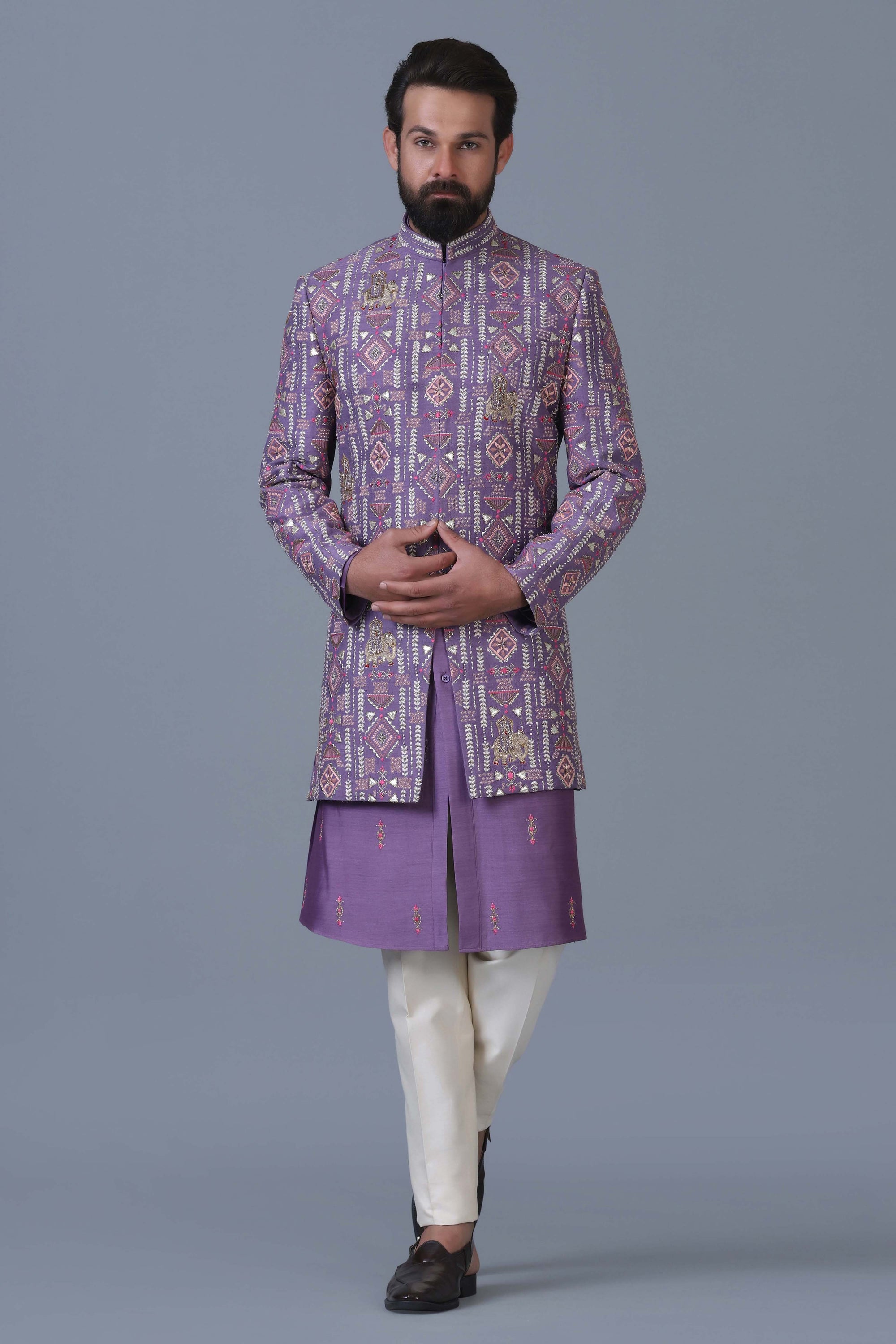 Make a statement in our lilac raw silk short Indowestern. Shop Now!