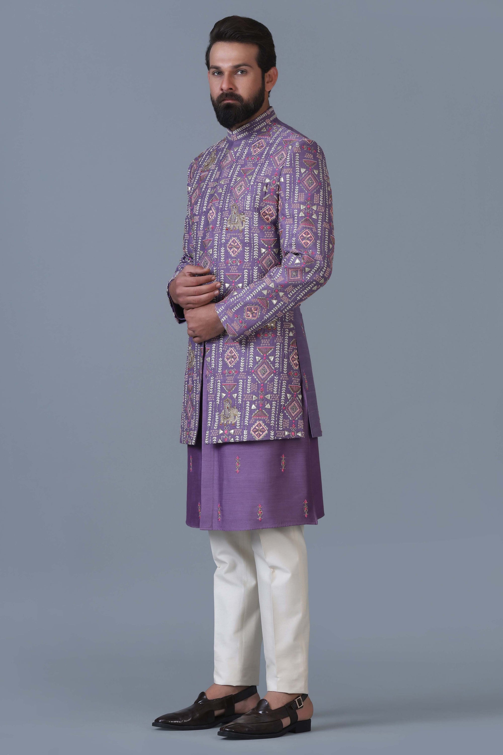 Make a statement in our lilac raw silk short Indowestern. Shop Now!