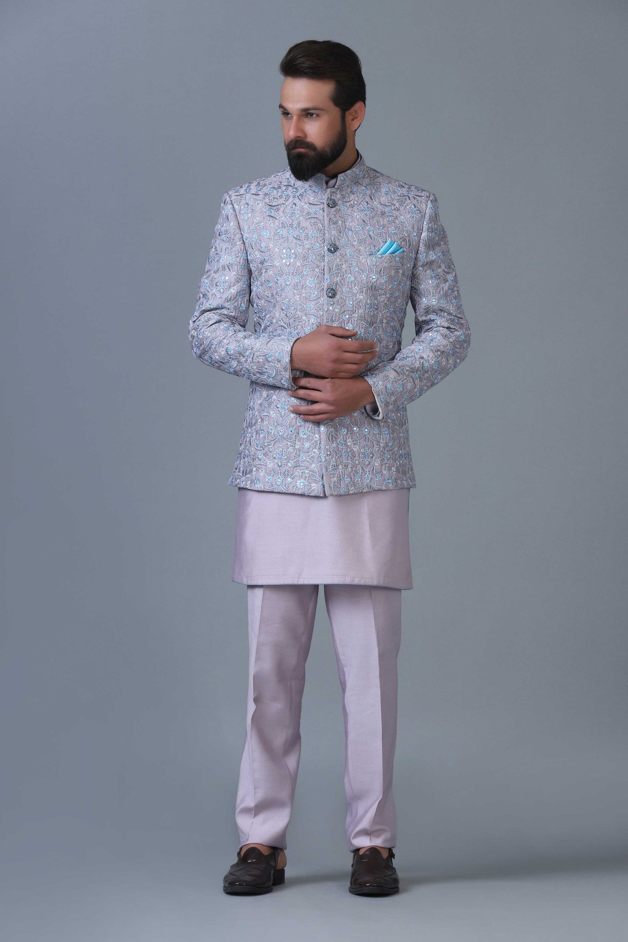 Make a statement with this grey bandhgala and kurta. Shop now!