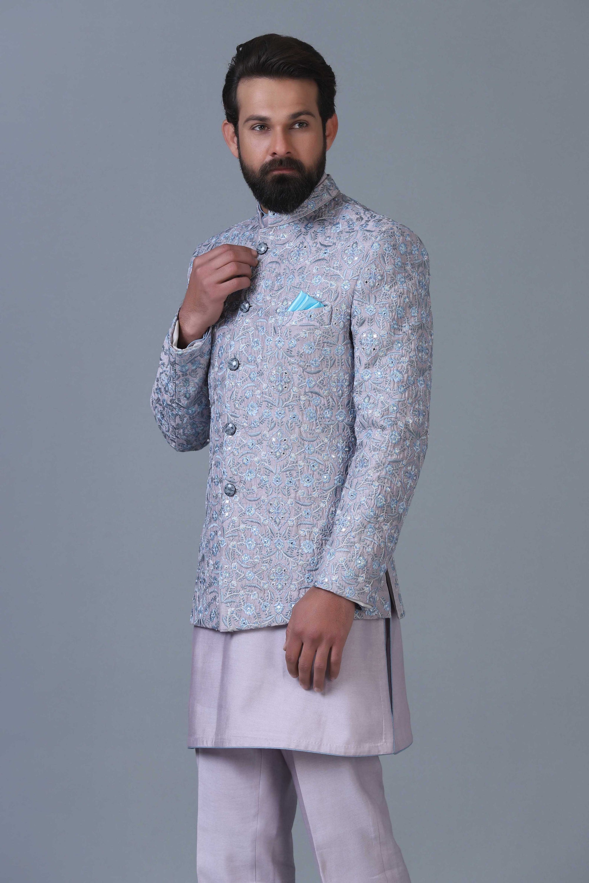 Make a statement with this grey bandhgala and kurta. Shop now!