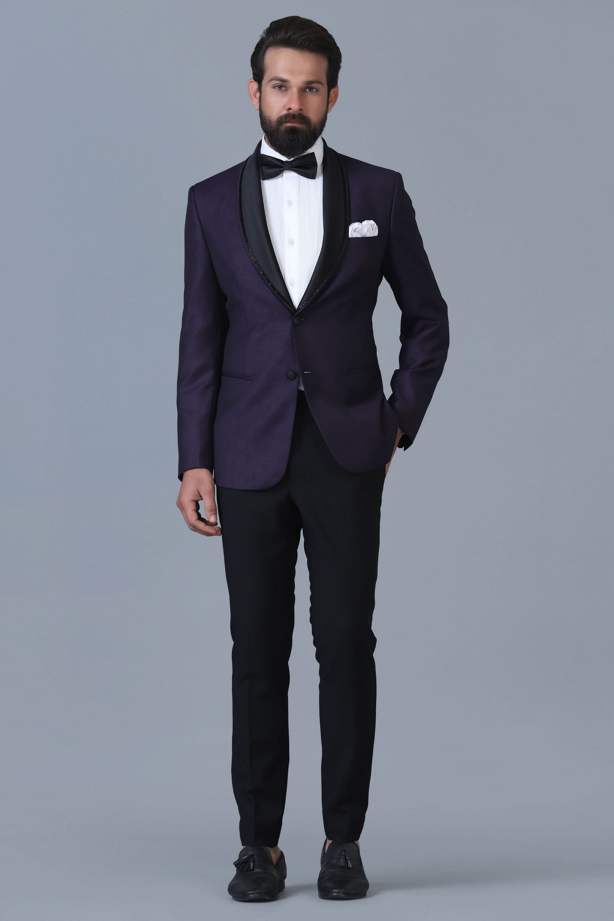 Make a statement in our Designer Purple Jacquard Tuxedo. Shop Now!