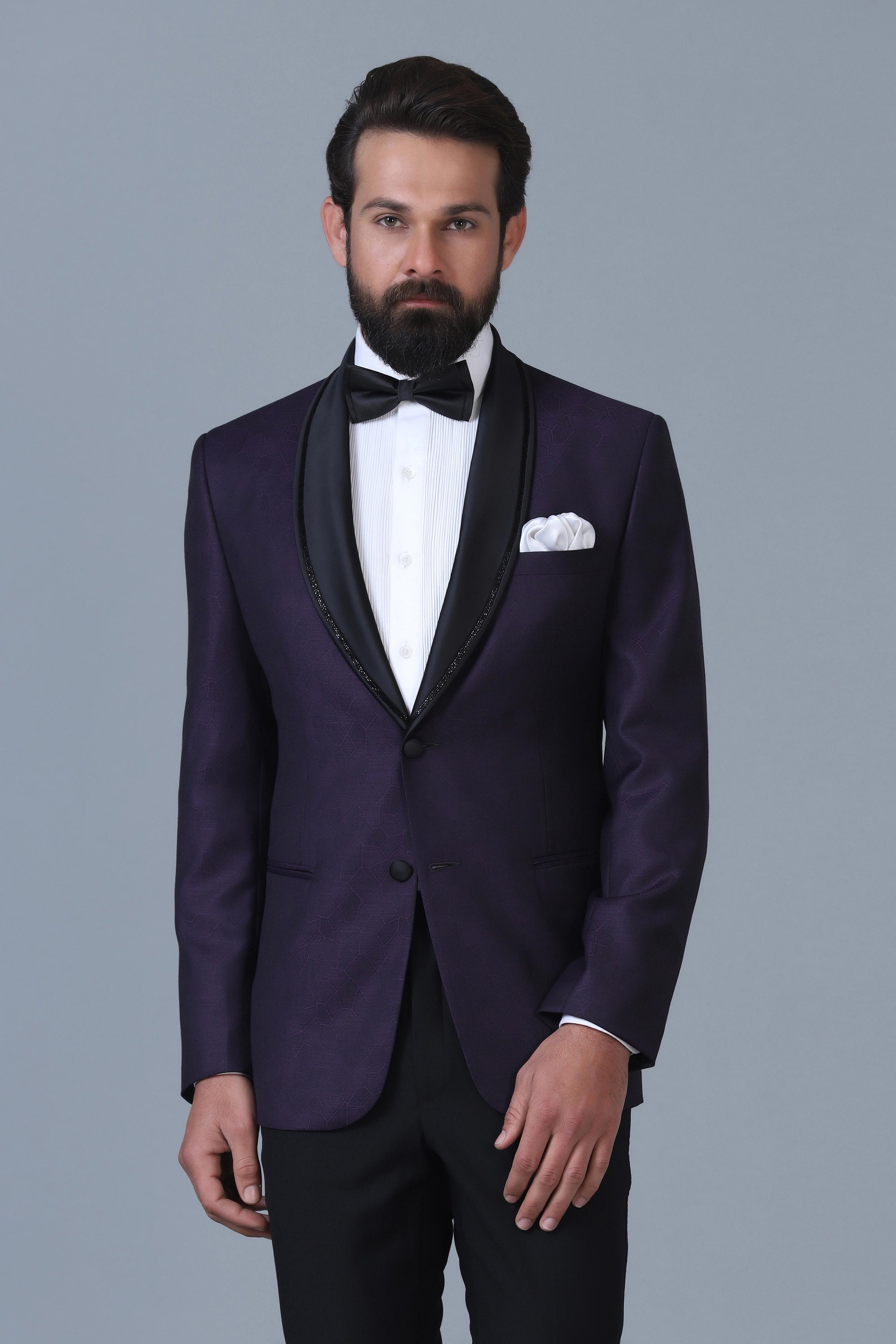 Make a statement in our Designer Purple Jacquard Tuxedo. Shop Now!