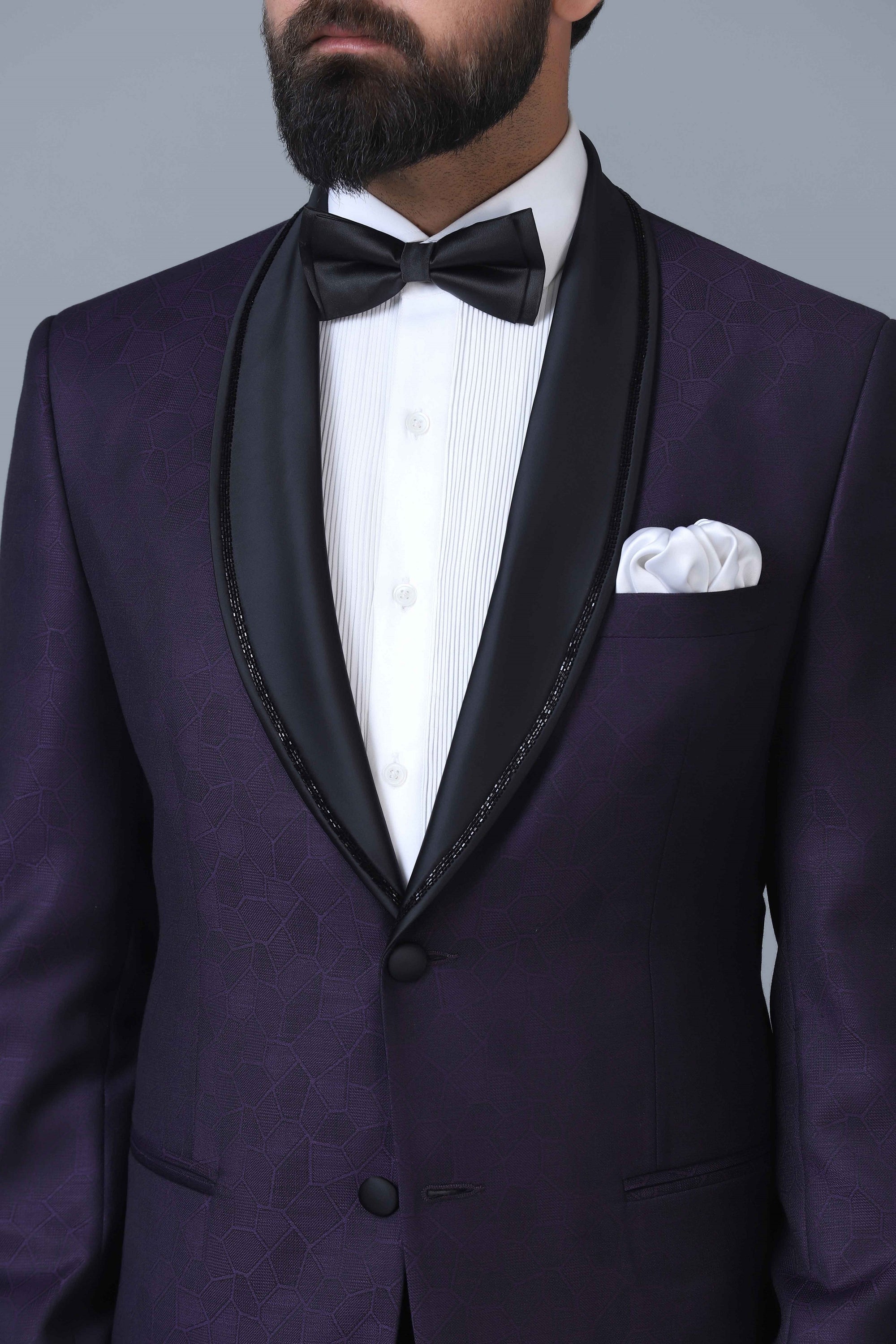 Make a statement in our Designer Purple Jacquard Tuxedo. Shop Now!