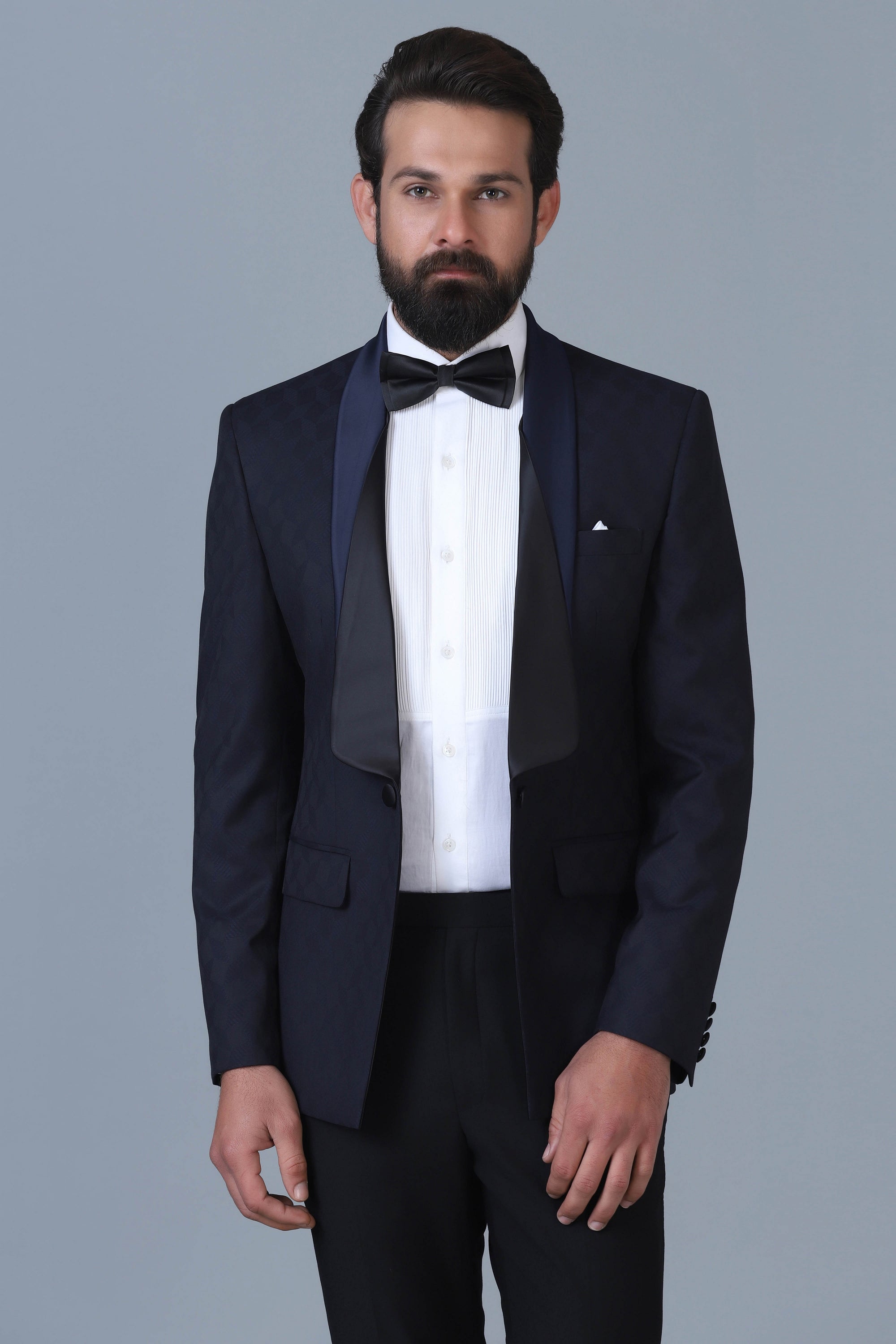 Elevate your style with our Designer Tuxedo in navy Jacquard wool-rich fabric. Shop Now!