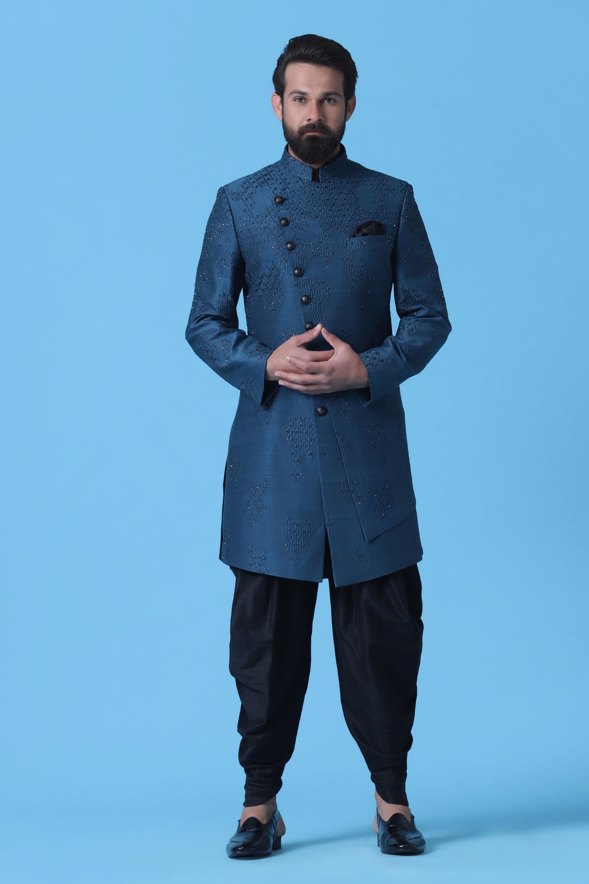 Elevate your ethnic look with this Teal Blue Indowestern with subtle geometric embroidery. Shop Now!