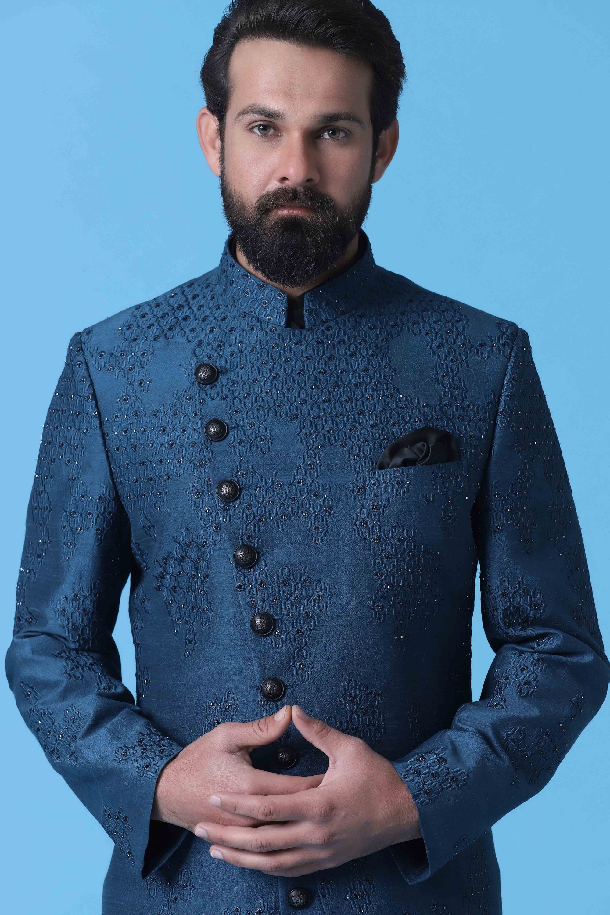 Elevate your ethnic look with this Teal Blue Indowestern with subtle geometric embroidery. Shop Now!