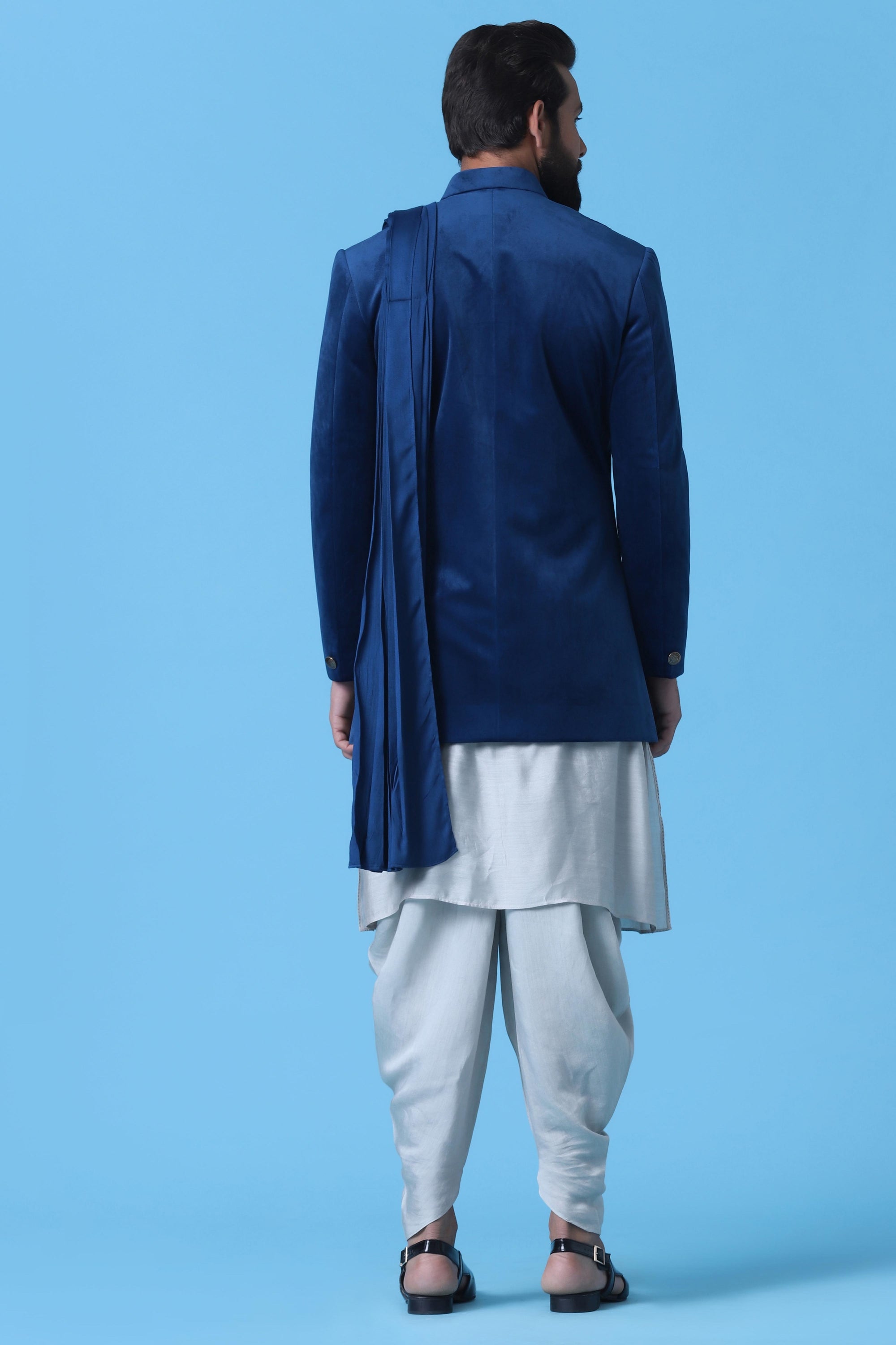 Make a statement in this Blue Velvet Indowestern featuring a stylish drape. Shop Now!
