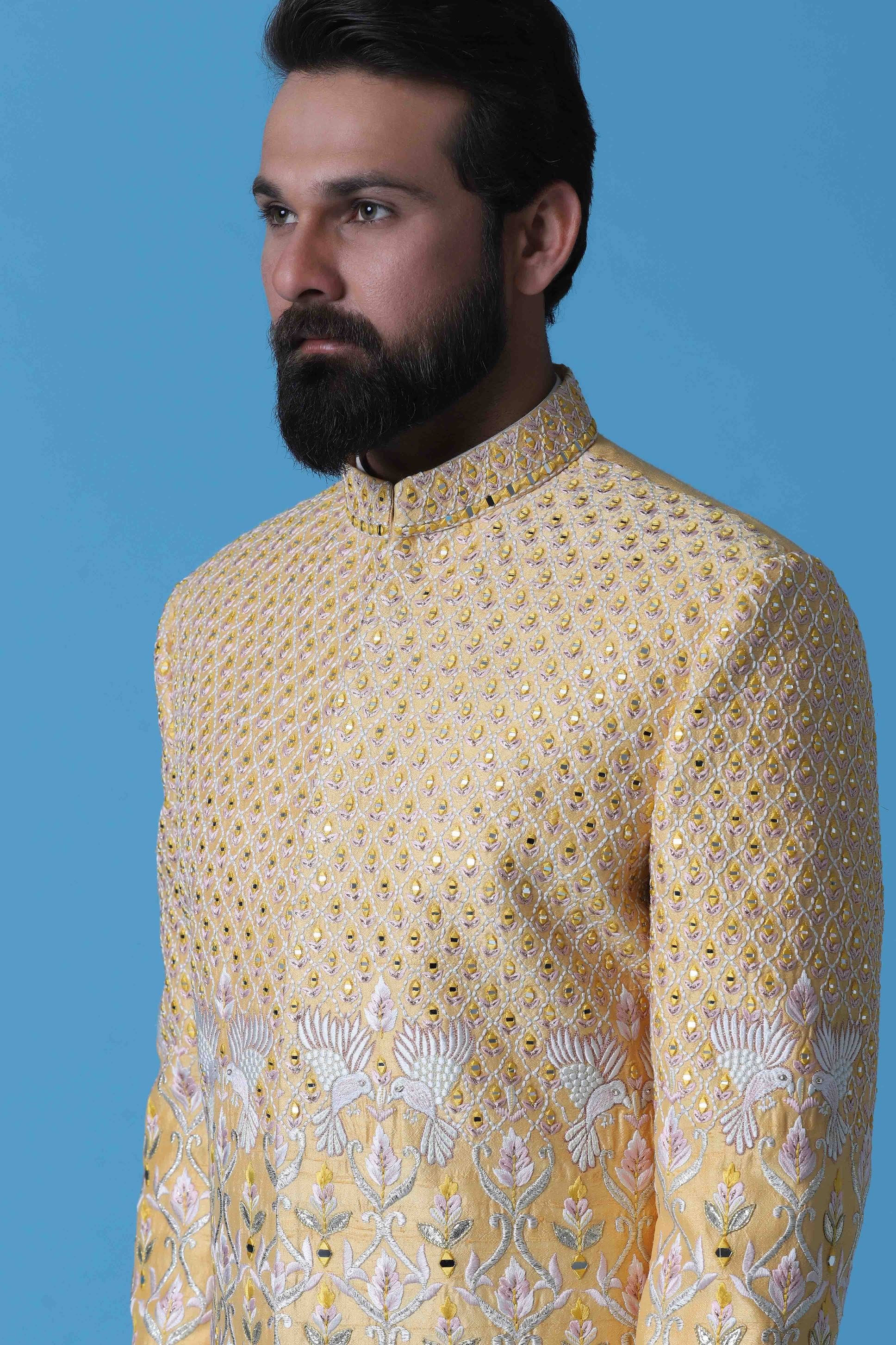 Exude elegance in this soft yellow Raw Silk Indowestern. Shop Now!