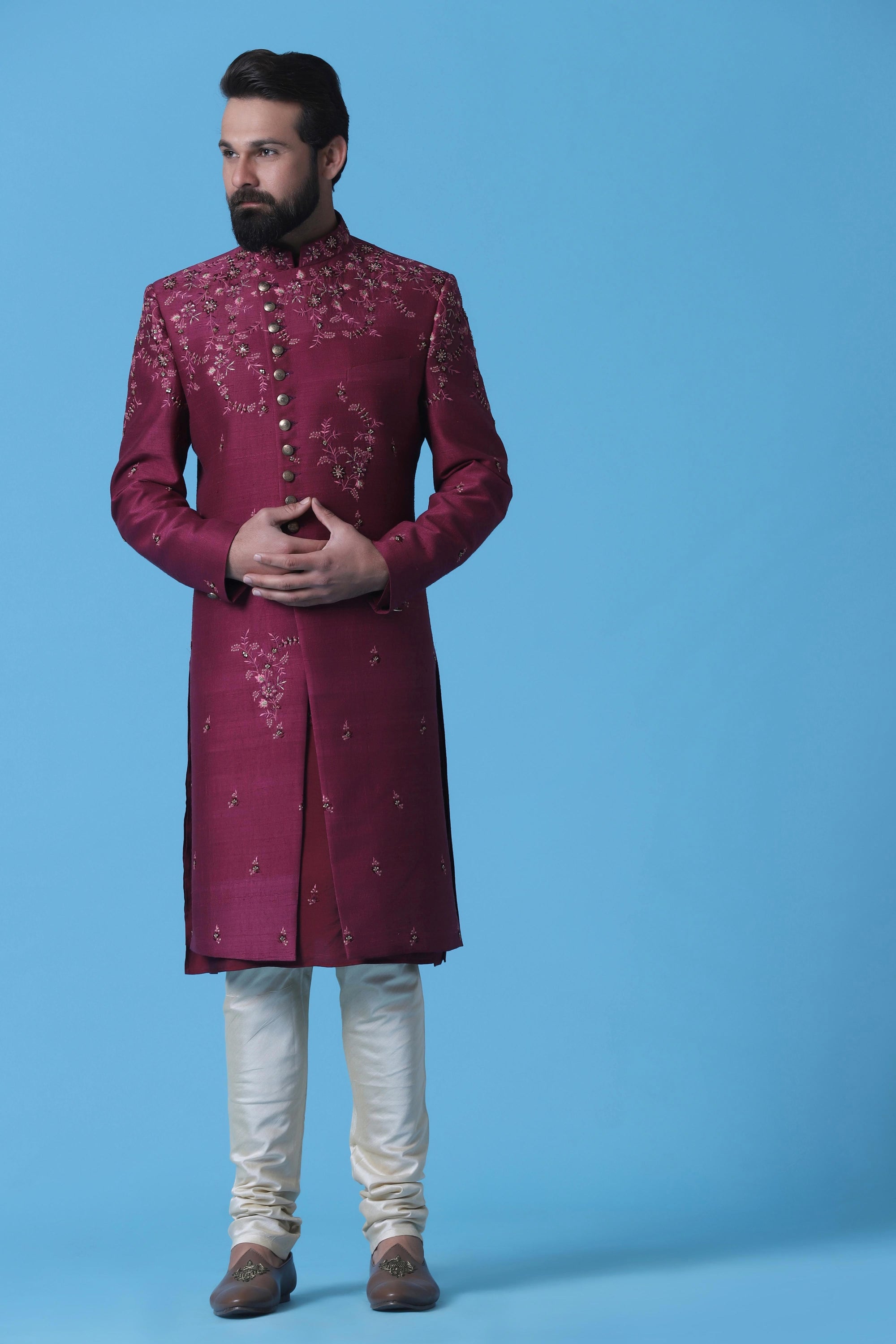 Enhance your ensemble with this maroon Indowestern, crafted from fine Raw Silk fabric. Shop Now!