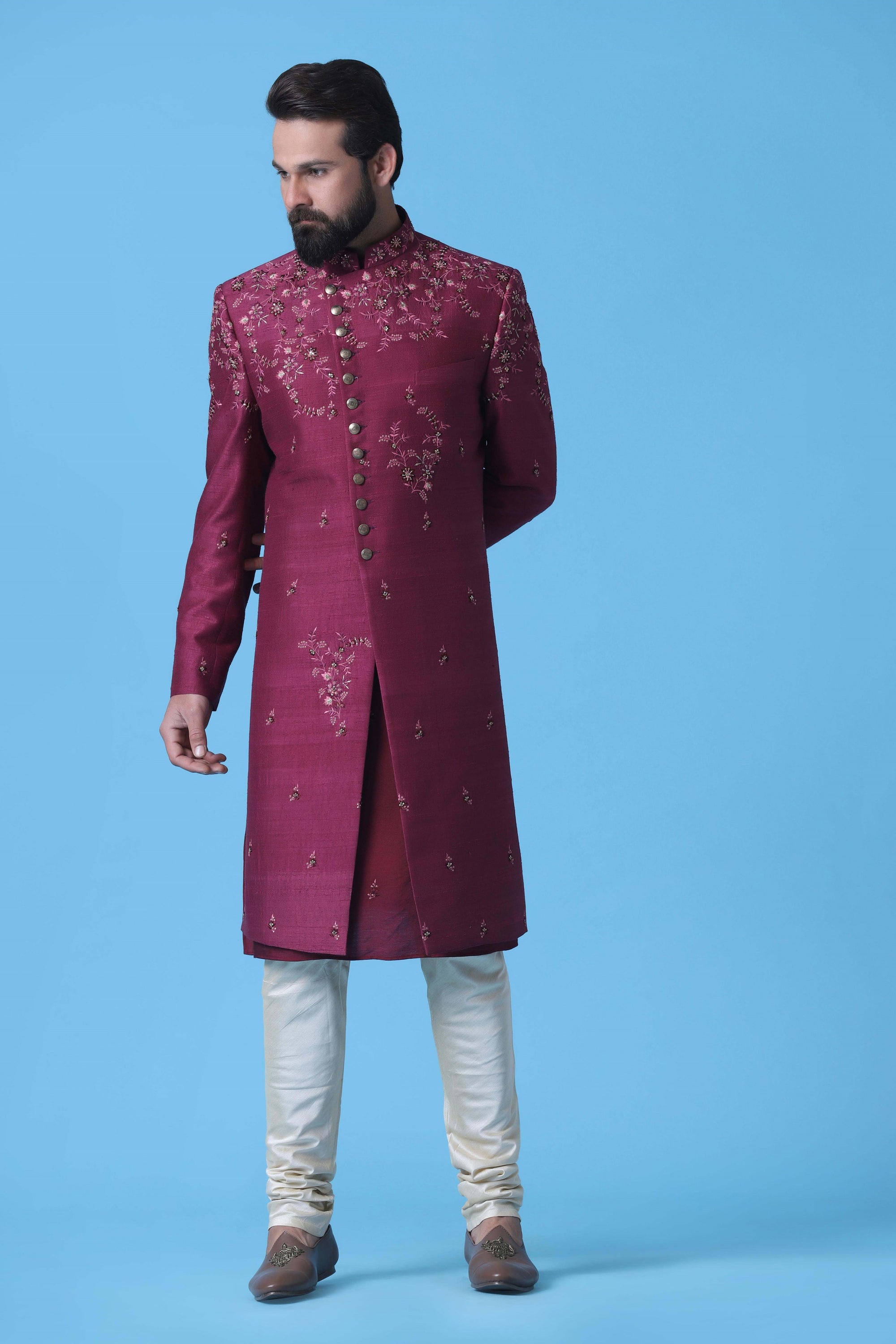 Enhance your ensemble with this maroon Indowestern, crafted from fine Raw Silk fabric. Shop Now!