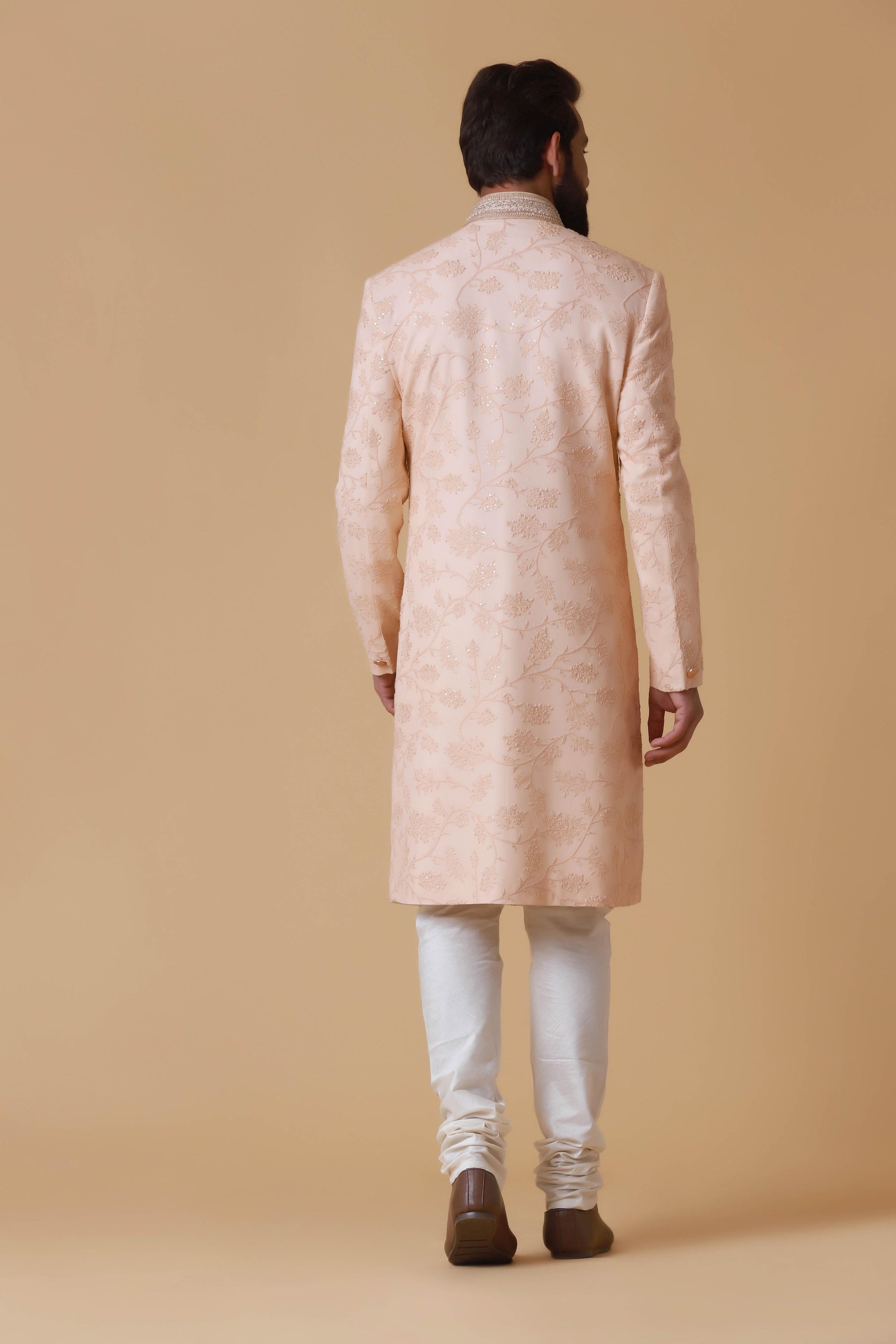 Elevate your summer wedding attire with this pink embroidered Indowestern. Shop Now!