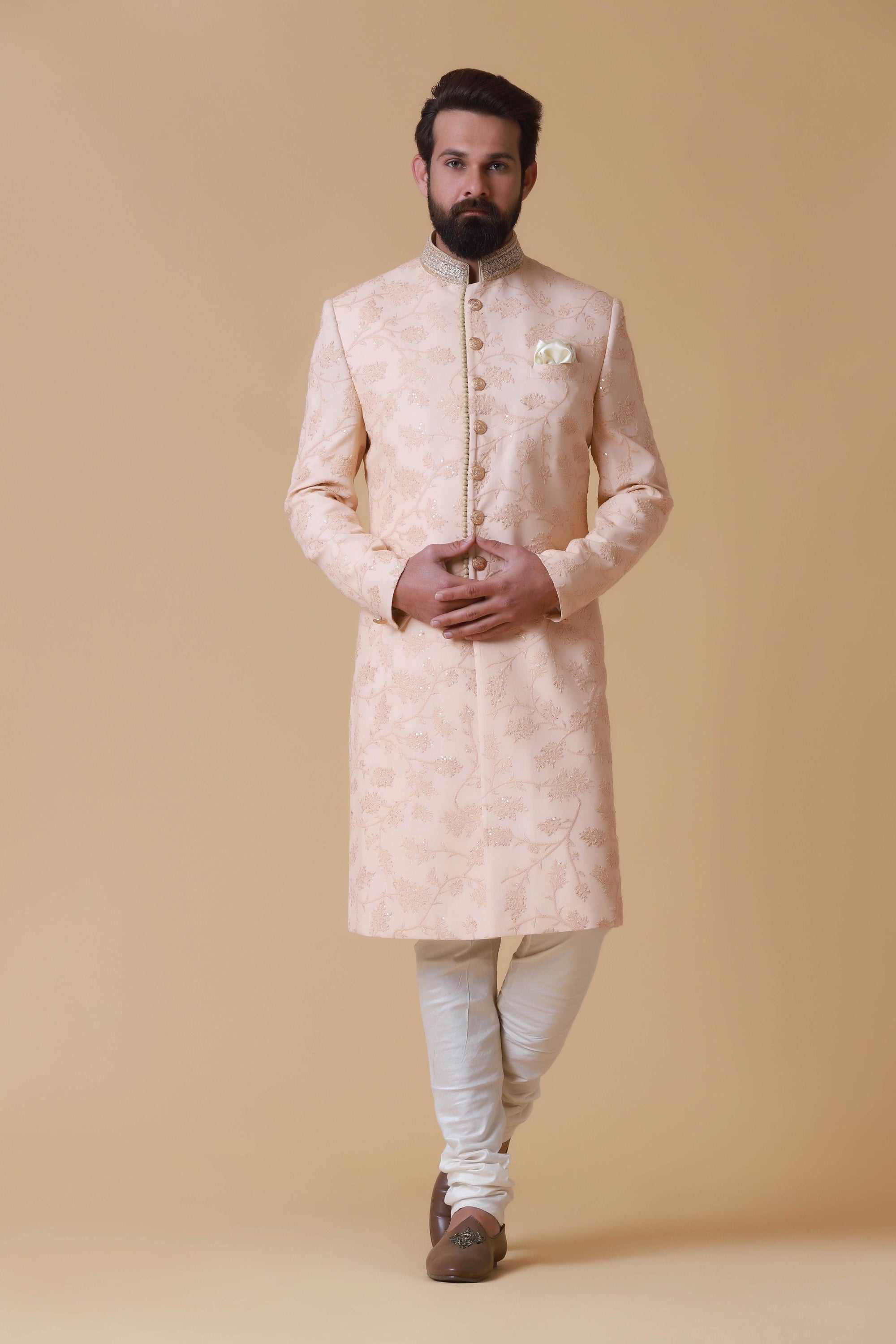 Elevate your summer wedding attire with this pink embroidered Indowestern. Shop Now!