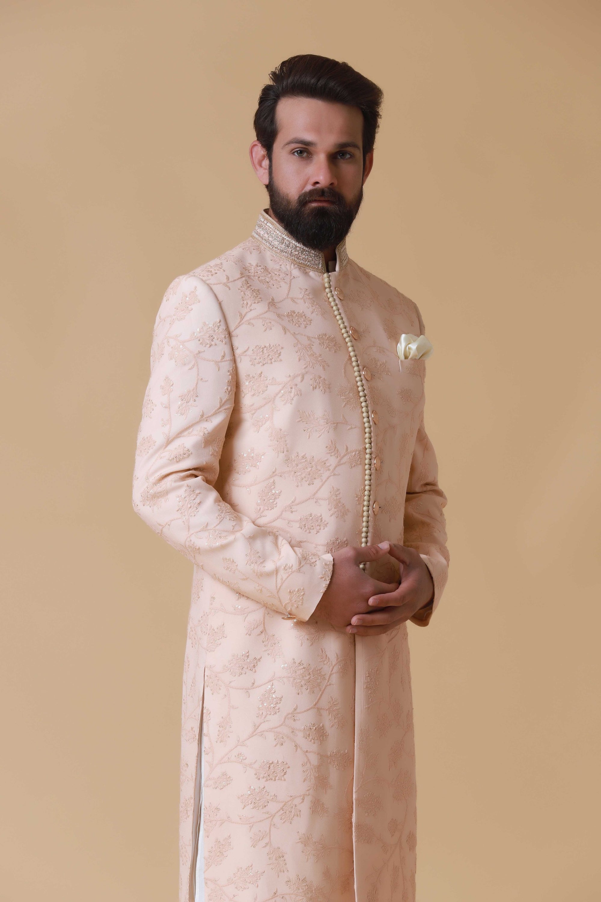 Elevate your summer wedding attire with this pink embroidered Indowestern. Shop Now!