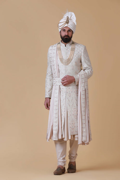 Brahaan Off-White Embroidered Sherwani for Men