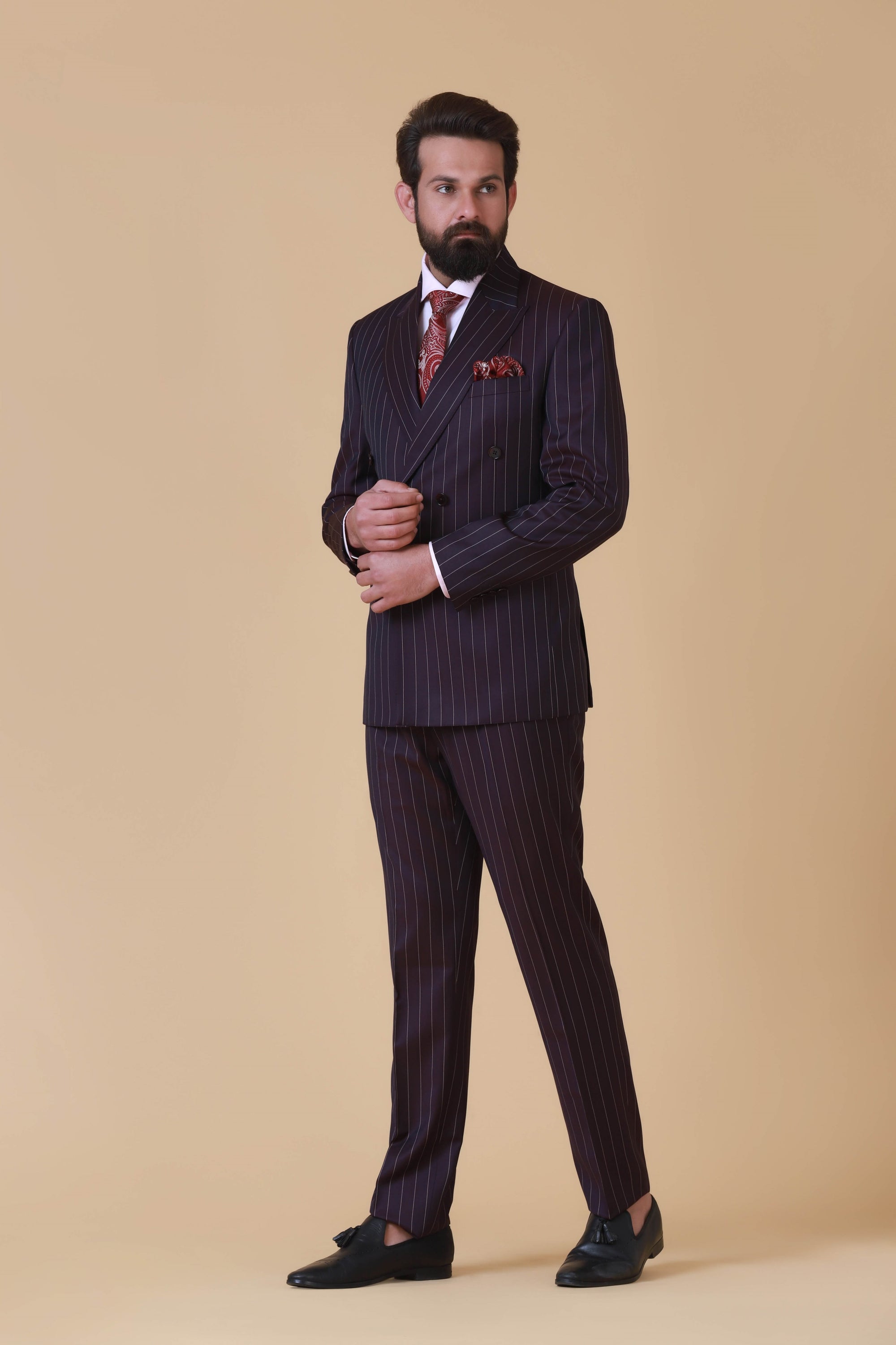 Elevate your style with our versatile Wine Pinstripe Suit. Shop Now!