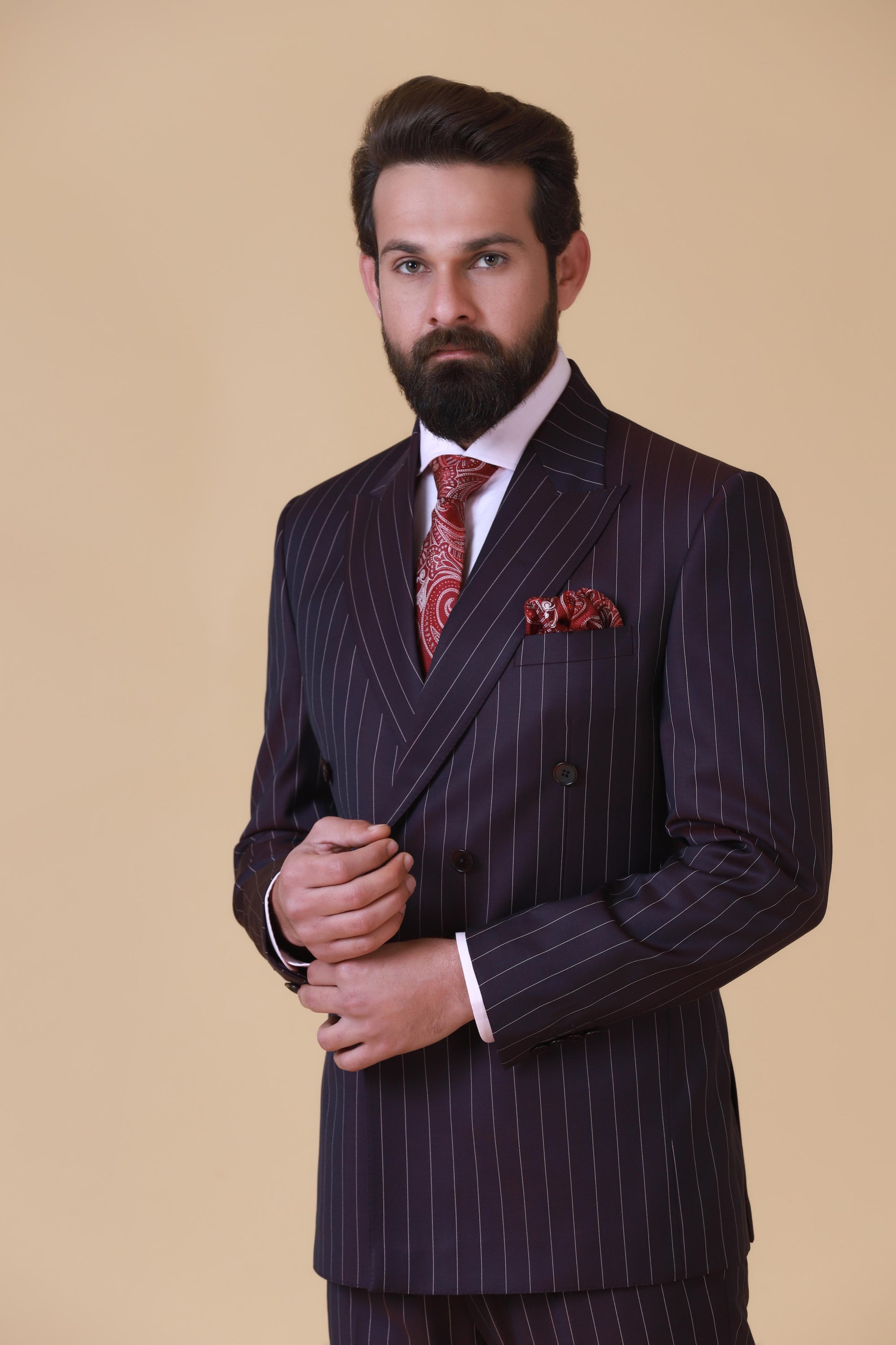 Elevate your style with our versatile Wine Pinstripe Suit. Shop Now!