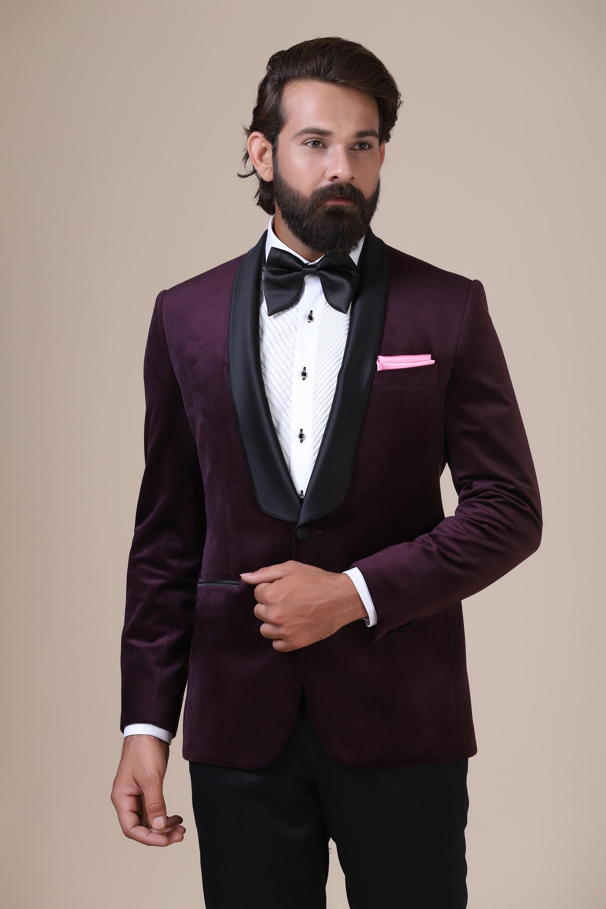 Elevate your style with our wine velvet Tuxedo. Shawl collar, single button closure. Shop Now!