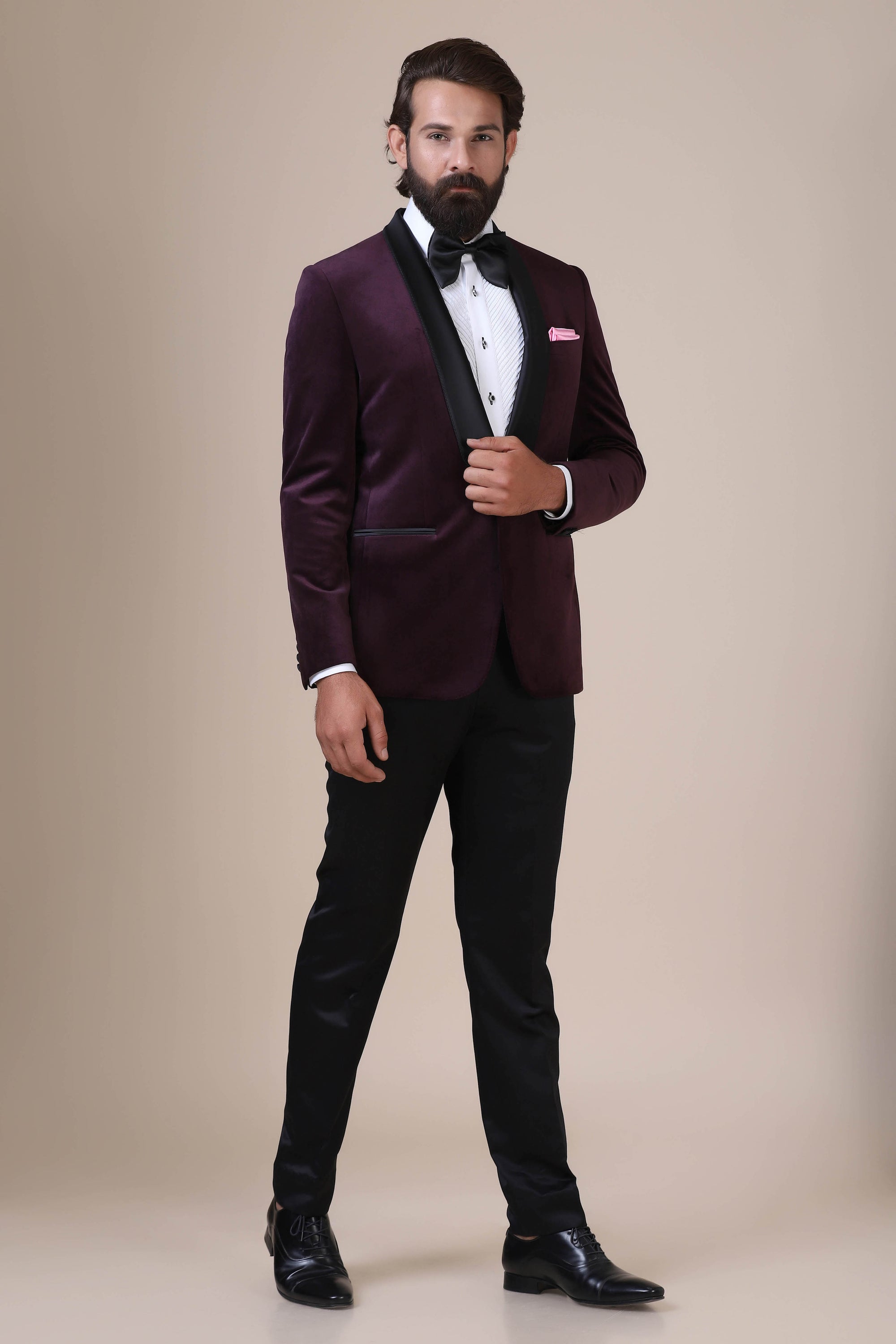 Elevate your style with our wine velvet Tuxedo. Shawl collar, single button closure. Shop Now!