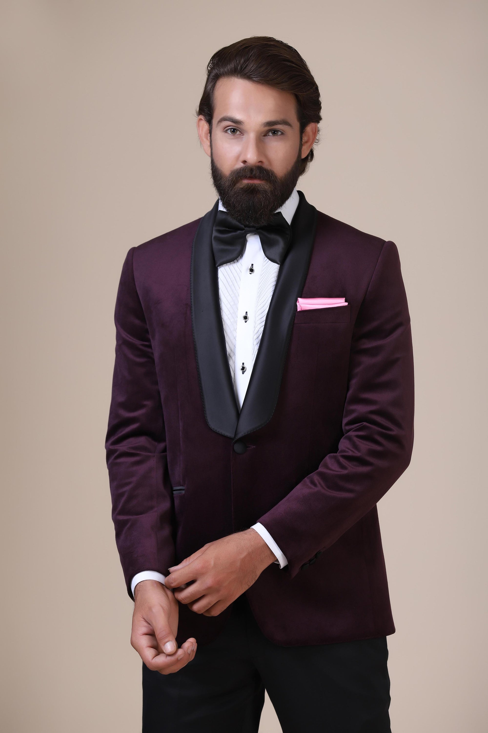 Elevate your style with our wine velvet Tuxedo. Shawl collar, single button closure. Shop Now!