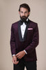 Elevate your style with our wine velvet Tuxedo. Shawl collar, single button closure. Paired with Jet-Black trousers for a refined ensemble.