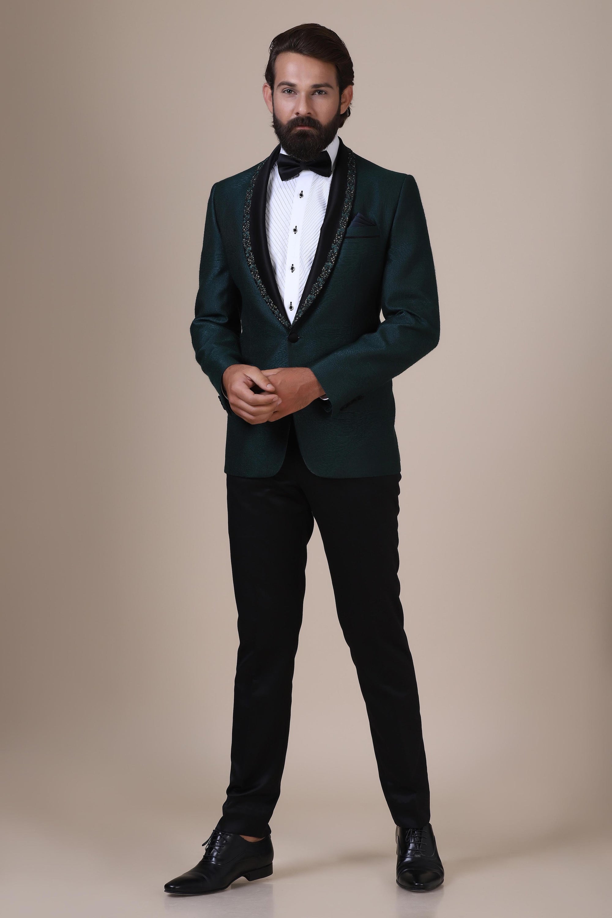 Step into elegance with Green Tuxedo. Satin shawl collar adorned with subtle embroidery. Shop Now!
