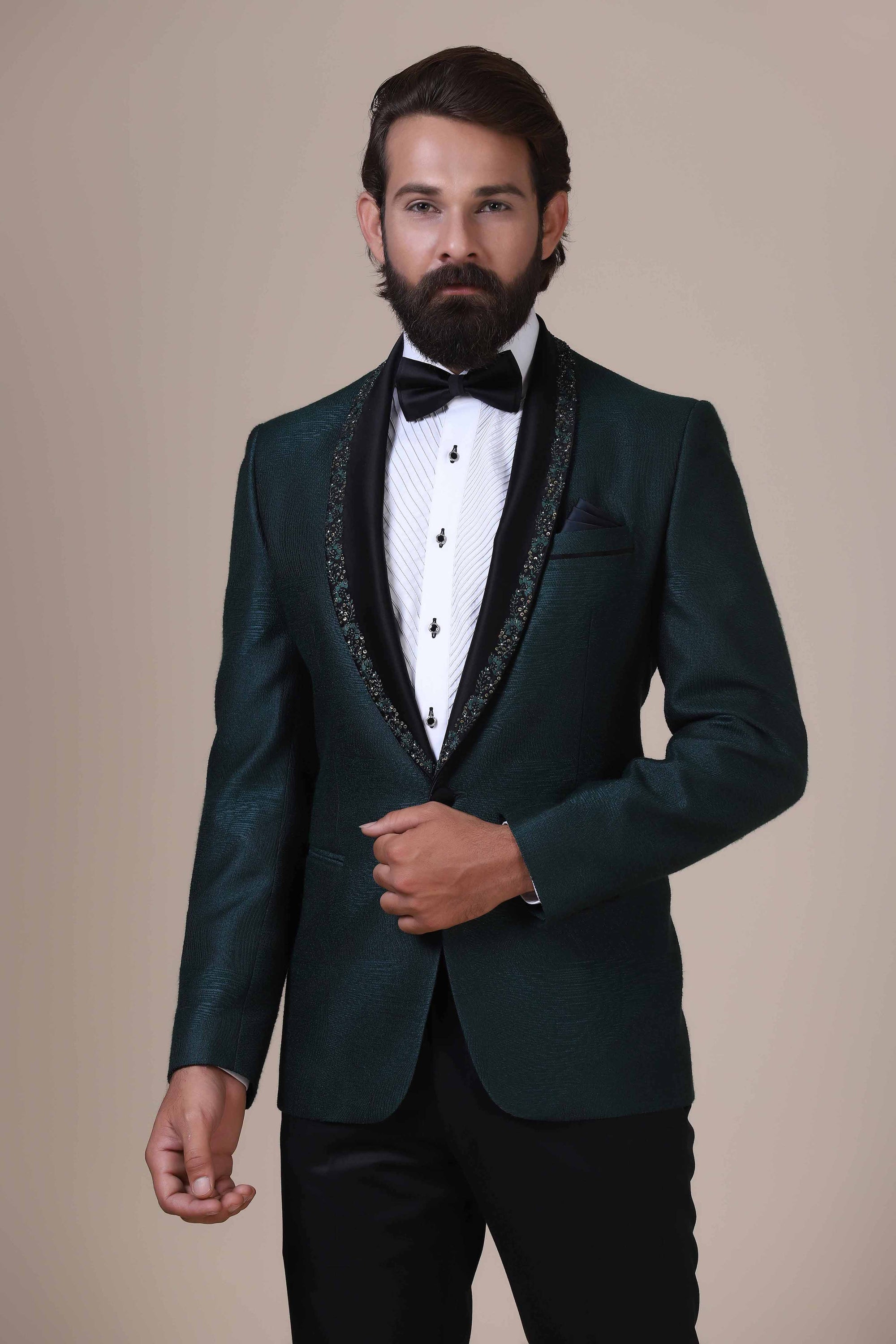 Step into elegance with Green Tuxedo. Satin shawl collar adorned with subtle embroidery. Shop Now!