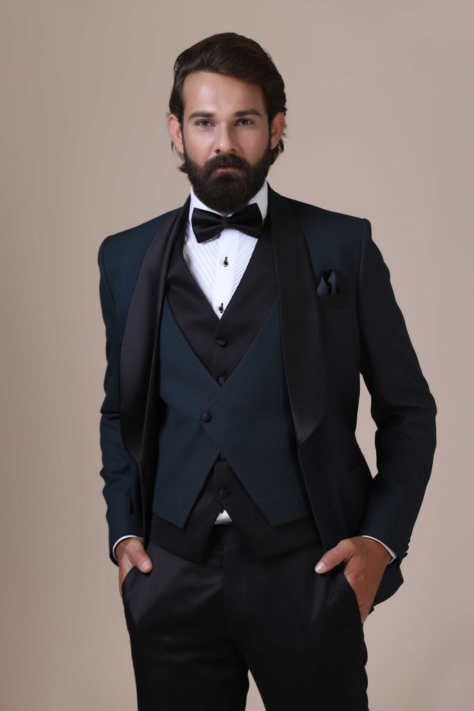 Dress with sophistication in our textured Green 3-Piece Tuxedo. Shawl collar in black satin, paired with jet-black waistcoat and trousers.