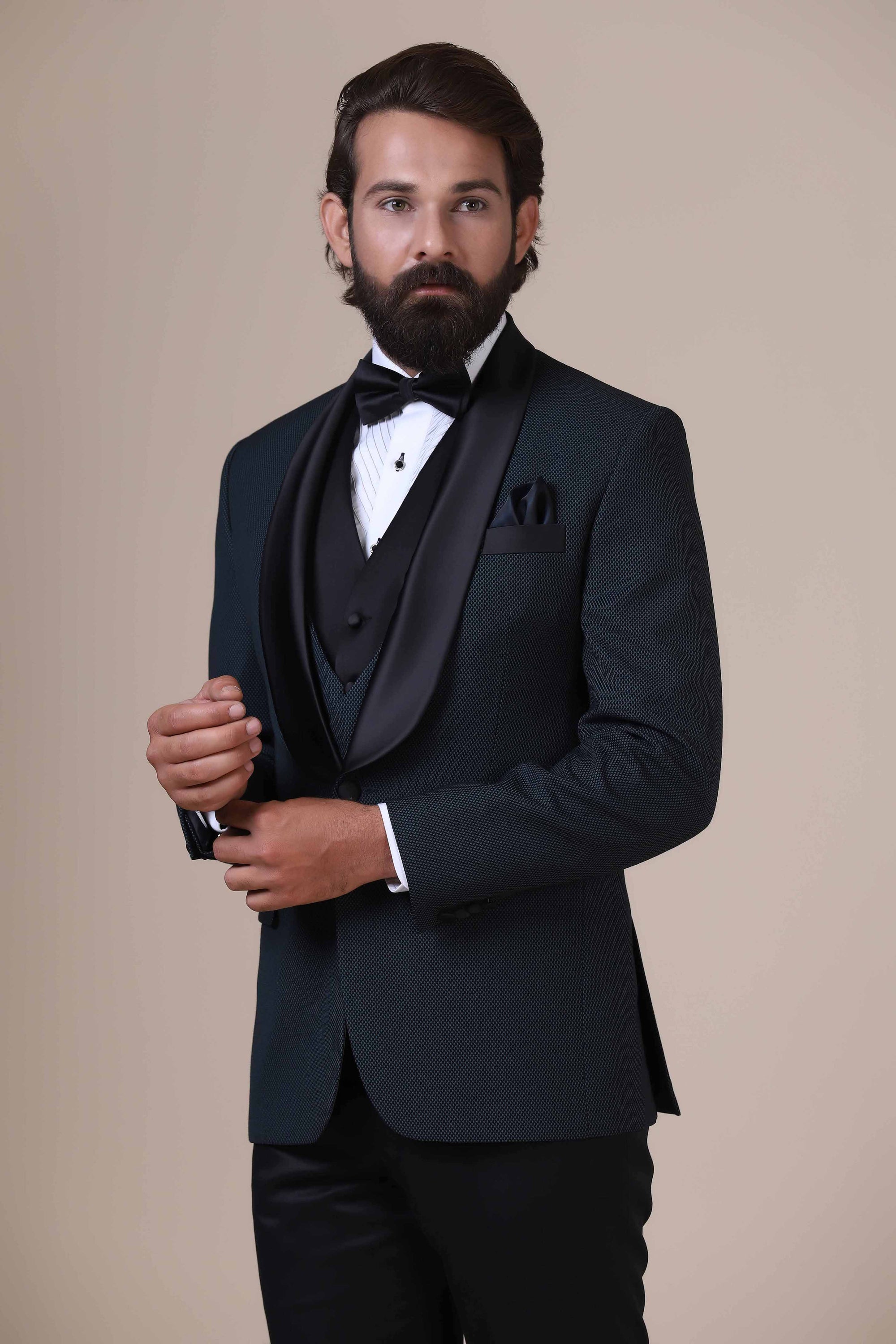 Dress with sophistication in our textured Green 3-Piece Tuxedo. Shop Now!