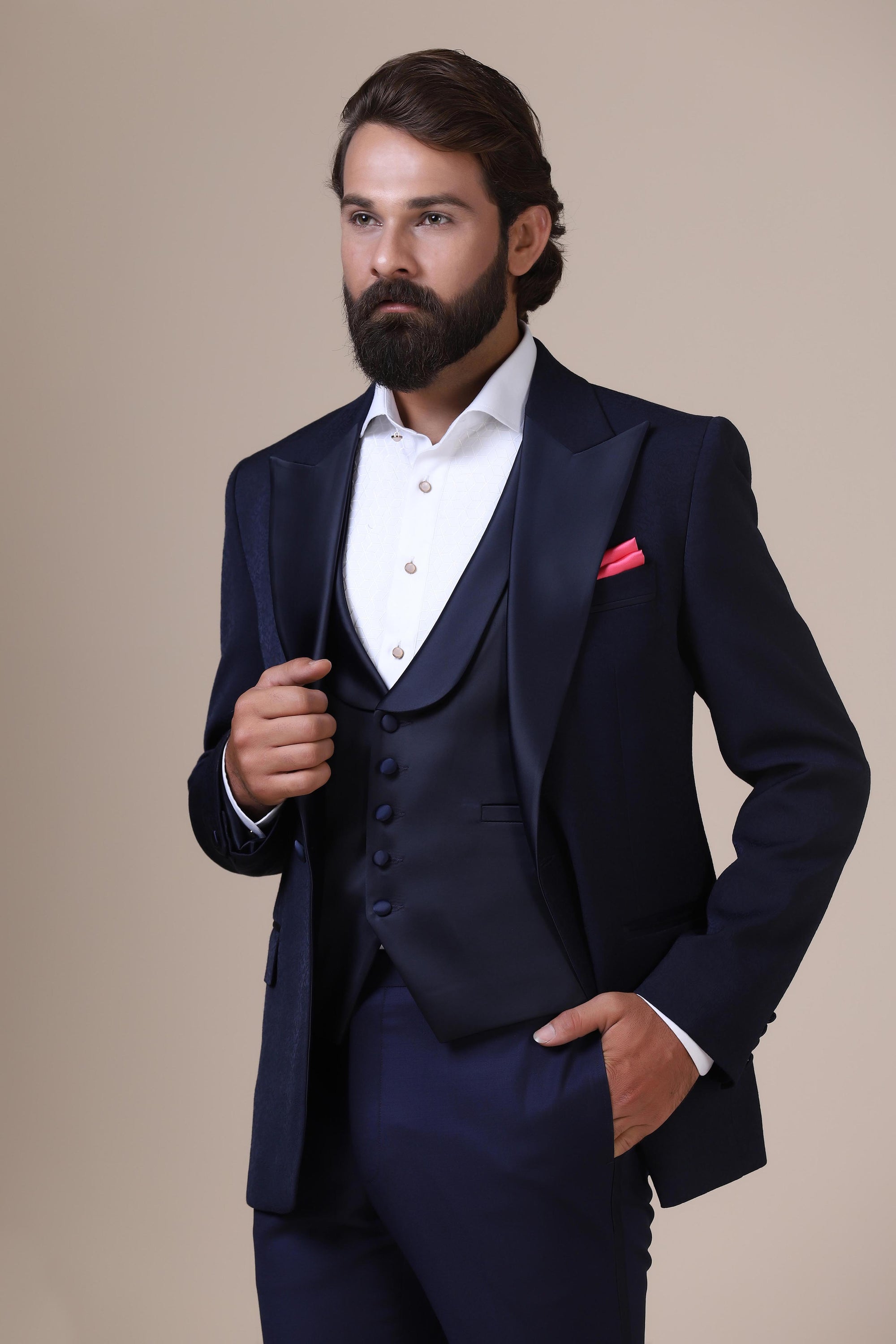 Dress with refined elegance in our Navy tuxedo. Notched lapel, single button closure. Shop Now!