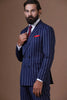 Make a statement with our bold double-breasted suit in striking navy blue pin-stripe fabric. 2-button closure, peak lapels, wool-rich fabric.