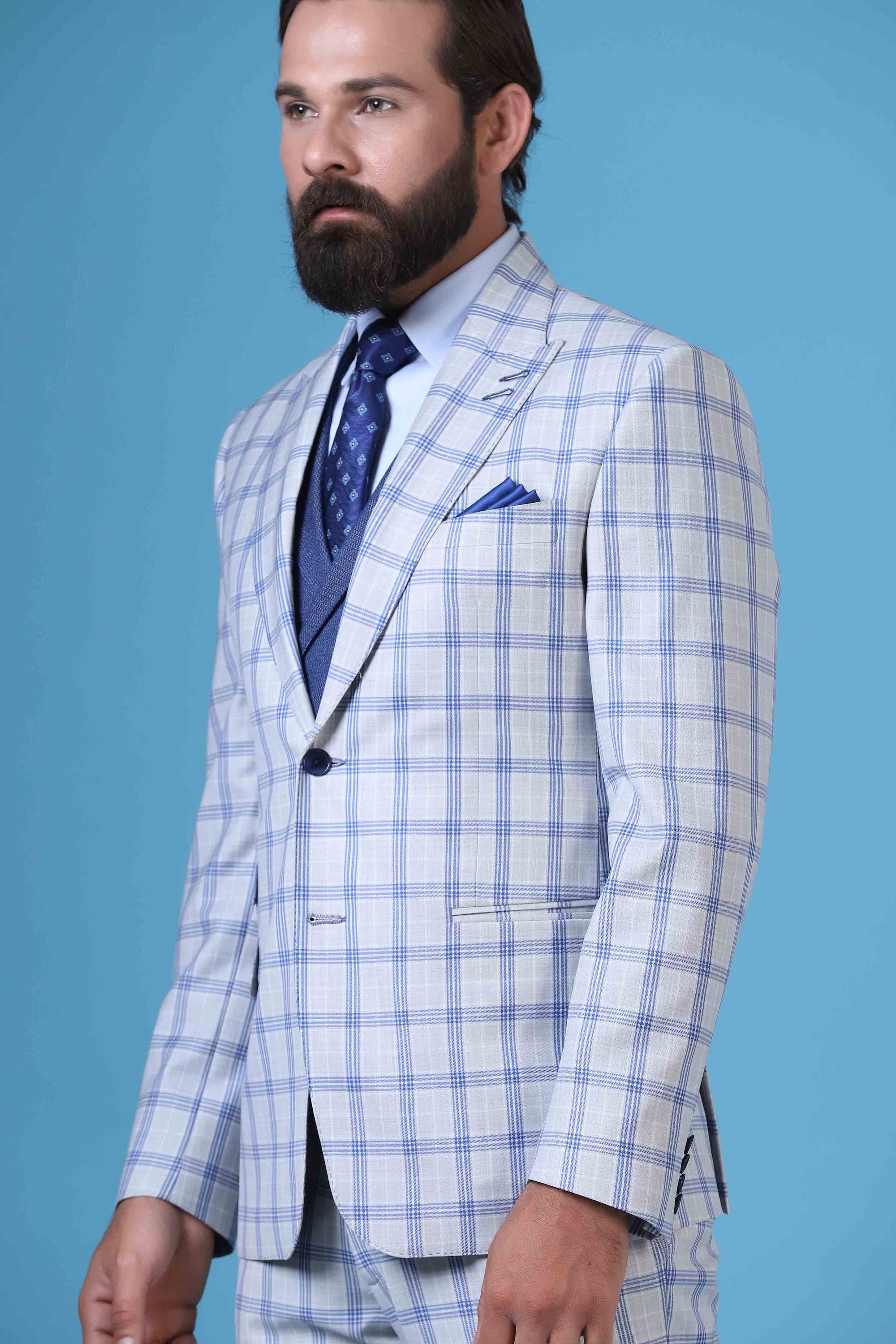 Elevate your style with our 3 Piece suit featuring a contrast double-breasted waistcoat. Shop Now!