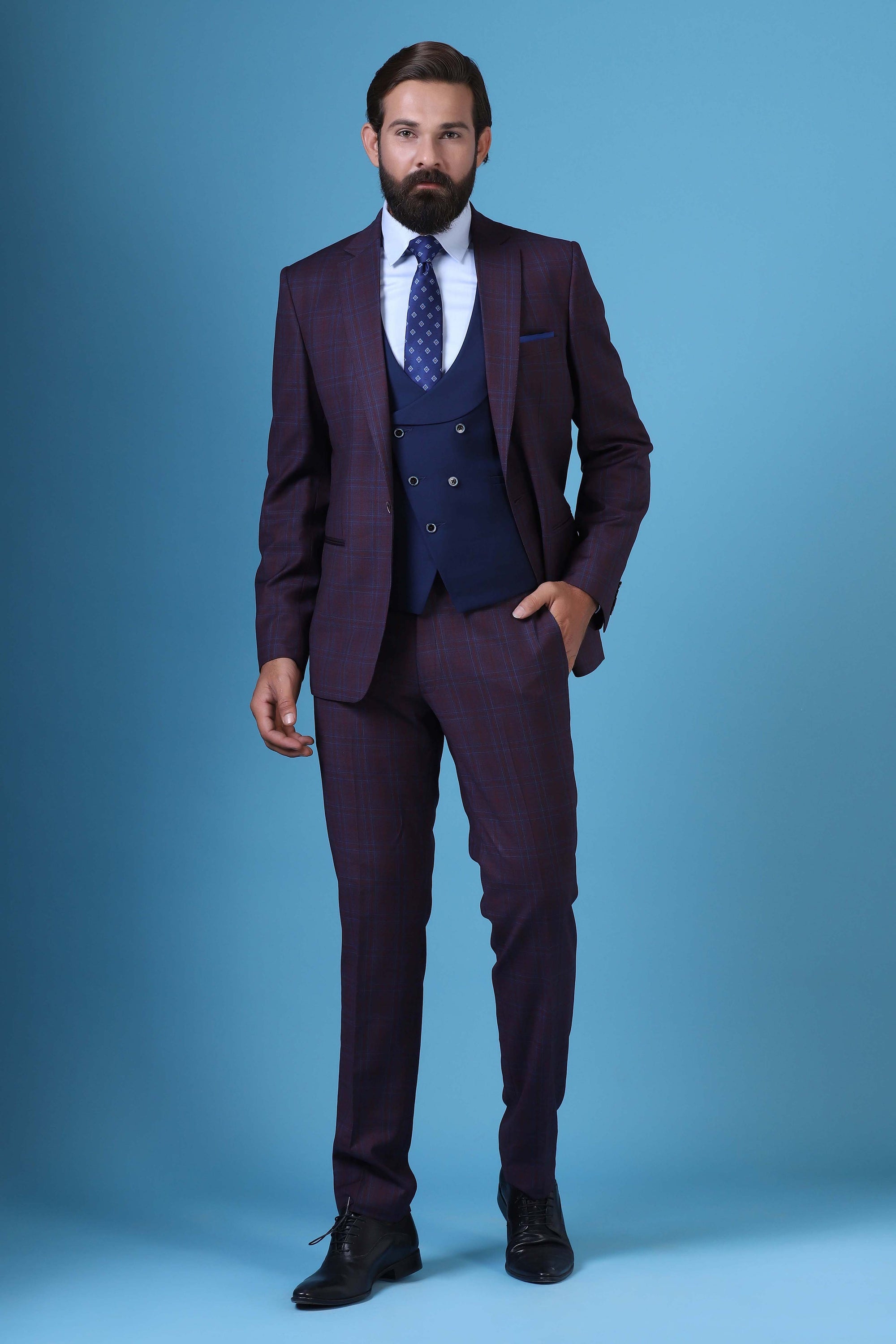 Elevate your style with our 3 Piece suit featuring a contrast double-breast waistcoat. Shop Now!