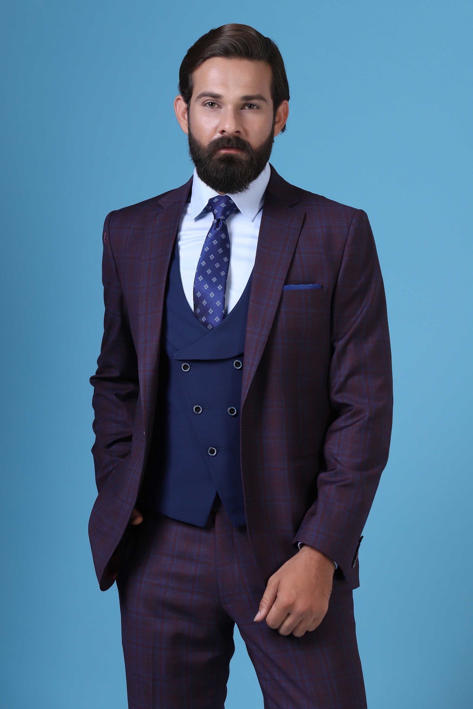 Elevate your style with our 3 Piece suit featuring a contrast double-breast waistcoat. Shop Now!