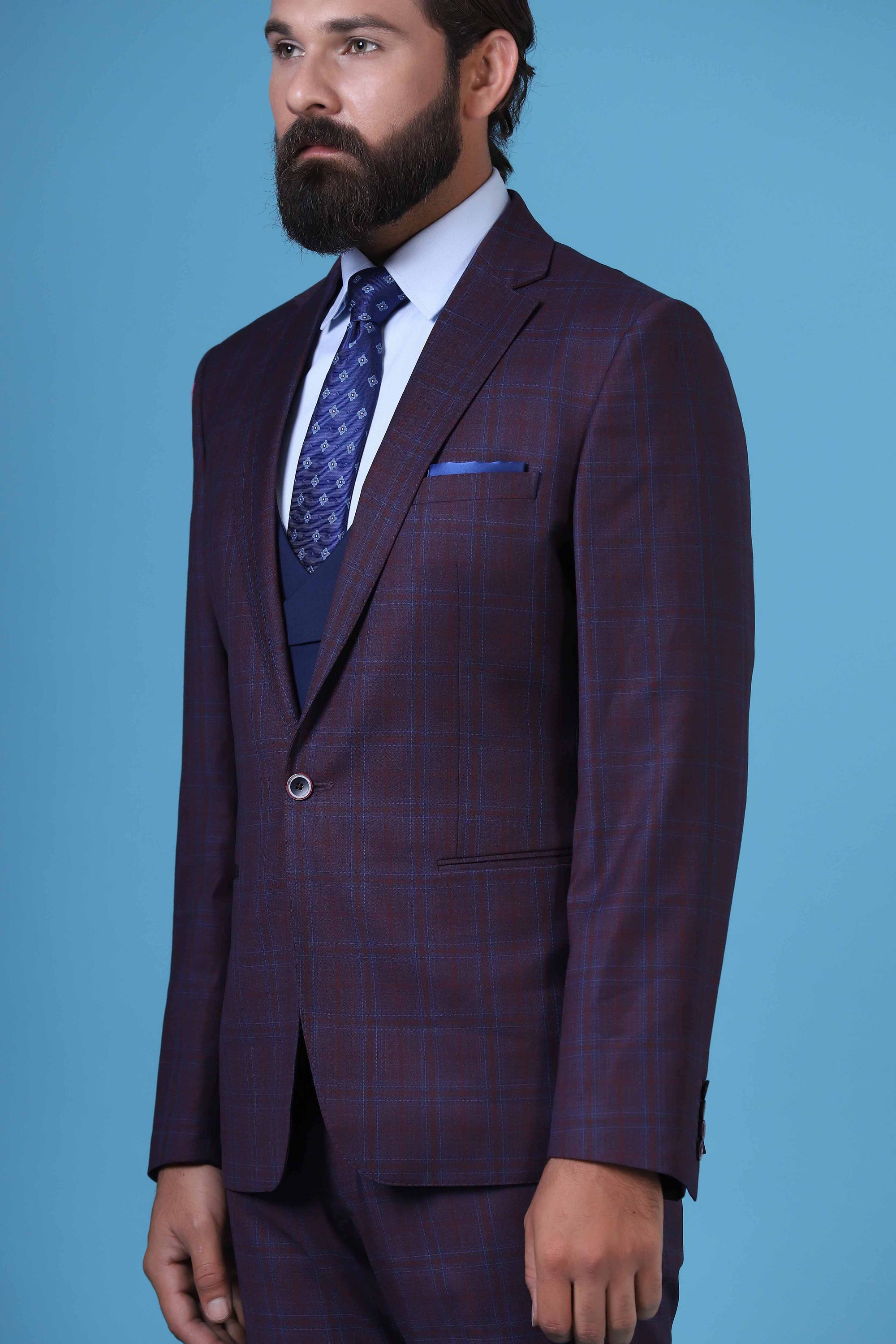 Elevate your style with our 3 Piece suit featuring a contrast double-breast waistcoat. Shop Now!