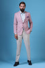 Step into elegance with our soft pink blazer and beige trousers combination. Notched lapel, 2-button closures, lightweight wool-rich fabric. Flat front trousers with turned up bottoms.