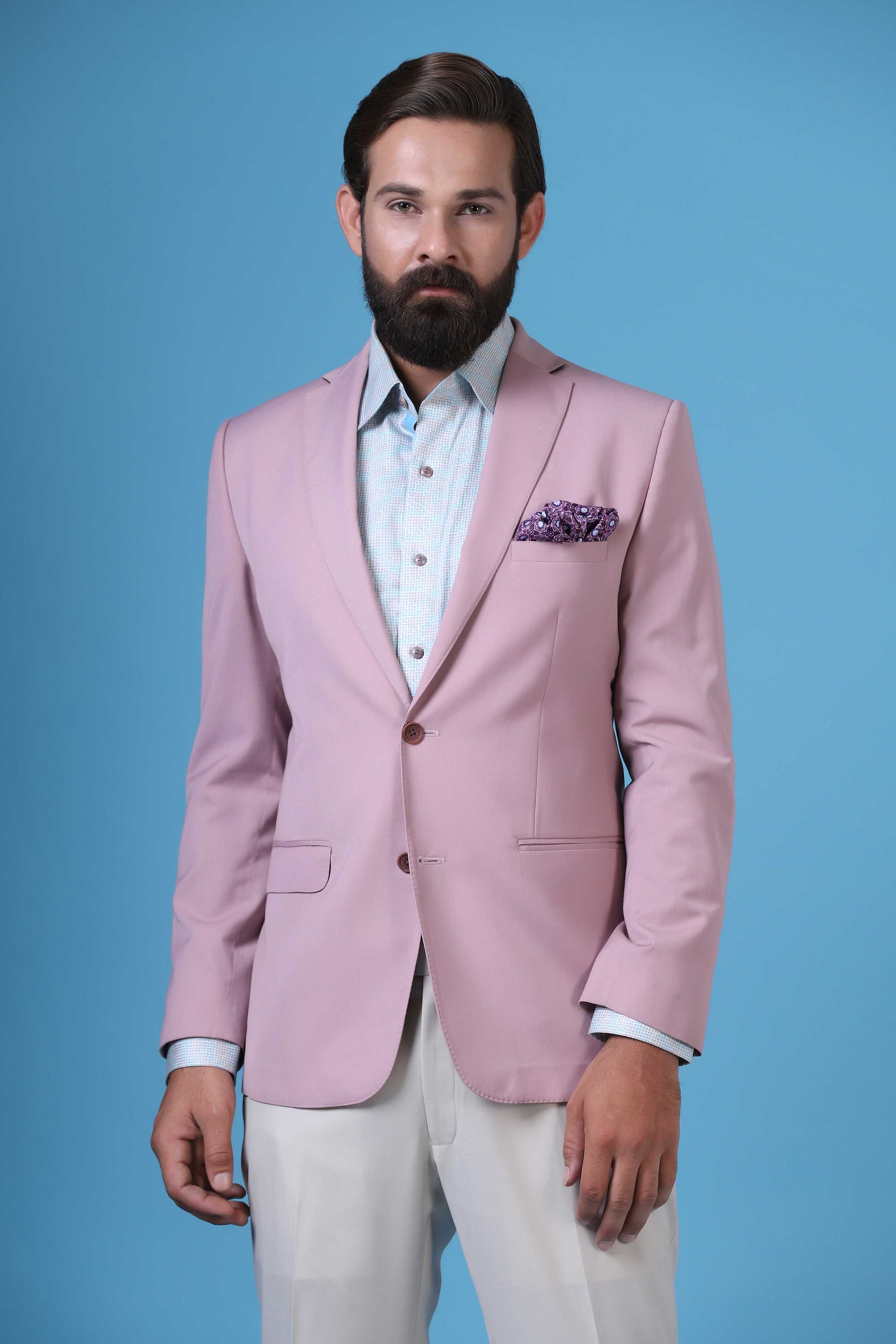 Step into elegance with our soft pink blazer and beige trousers combination. Shop Now!
