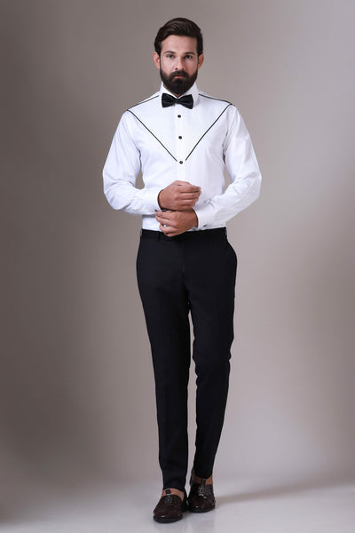 Modernize your formal attire with this shirt, boasting diagonal pintucks that accentuate the lapels and silhouette of a classic tuxedo.