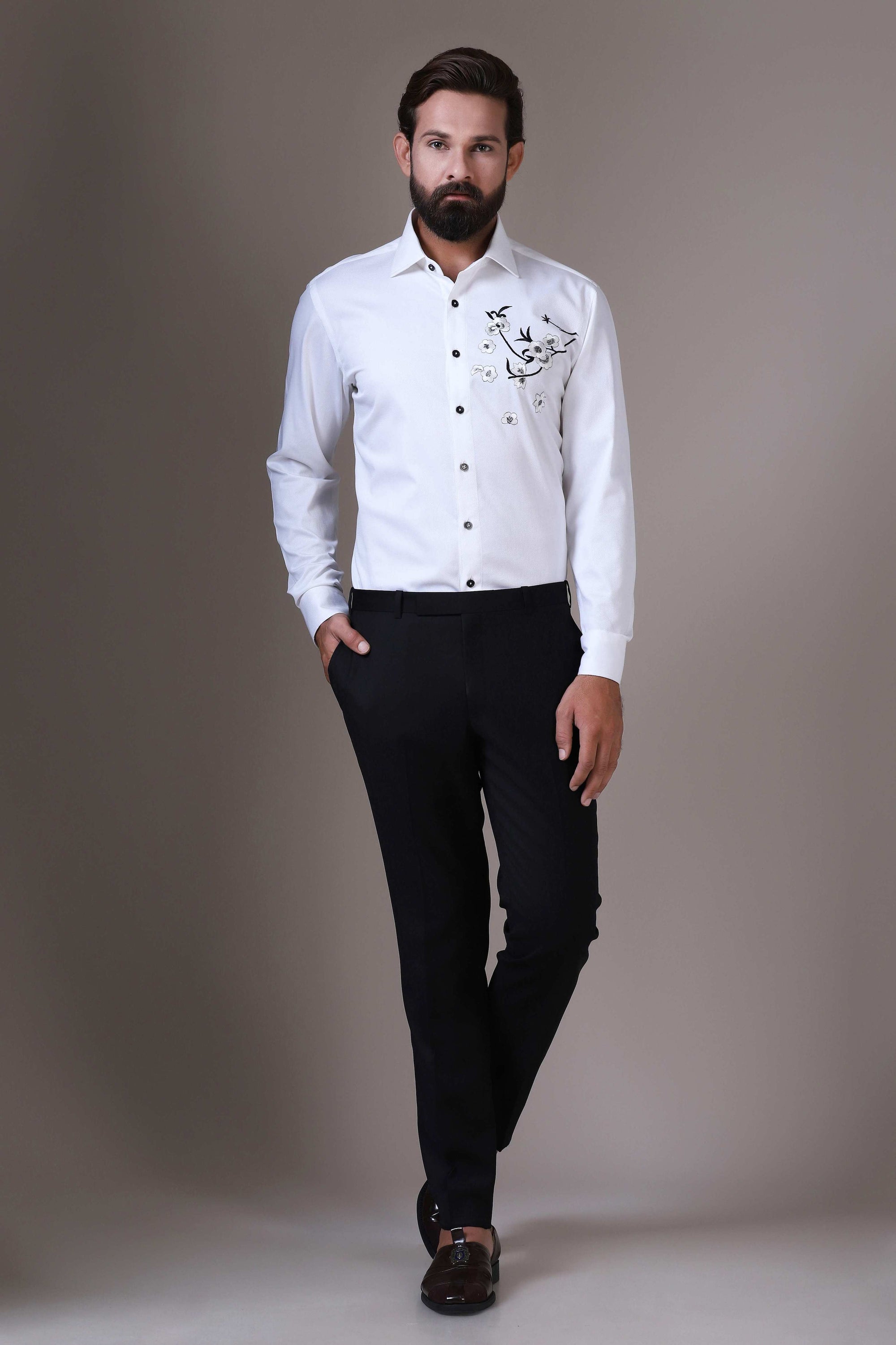 Elevate your evening look with this Floral Motif Evening Shirt. Shop Now!
