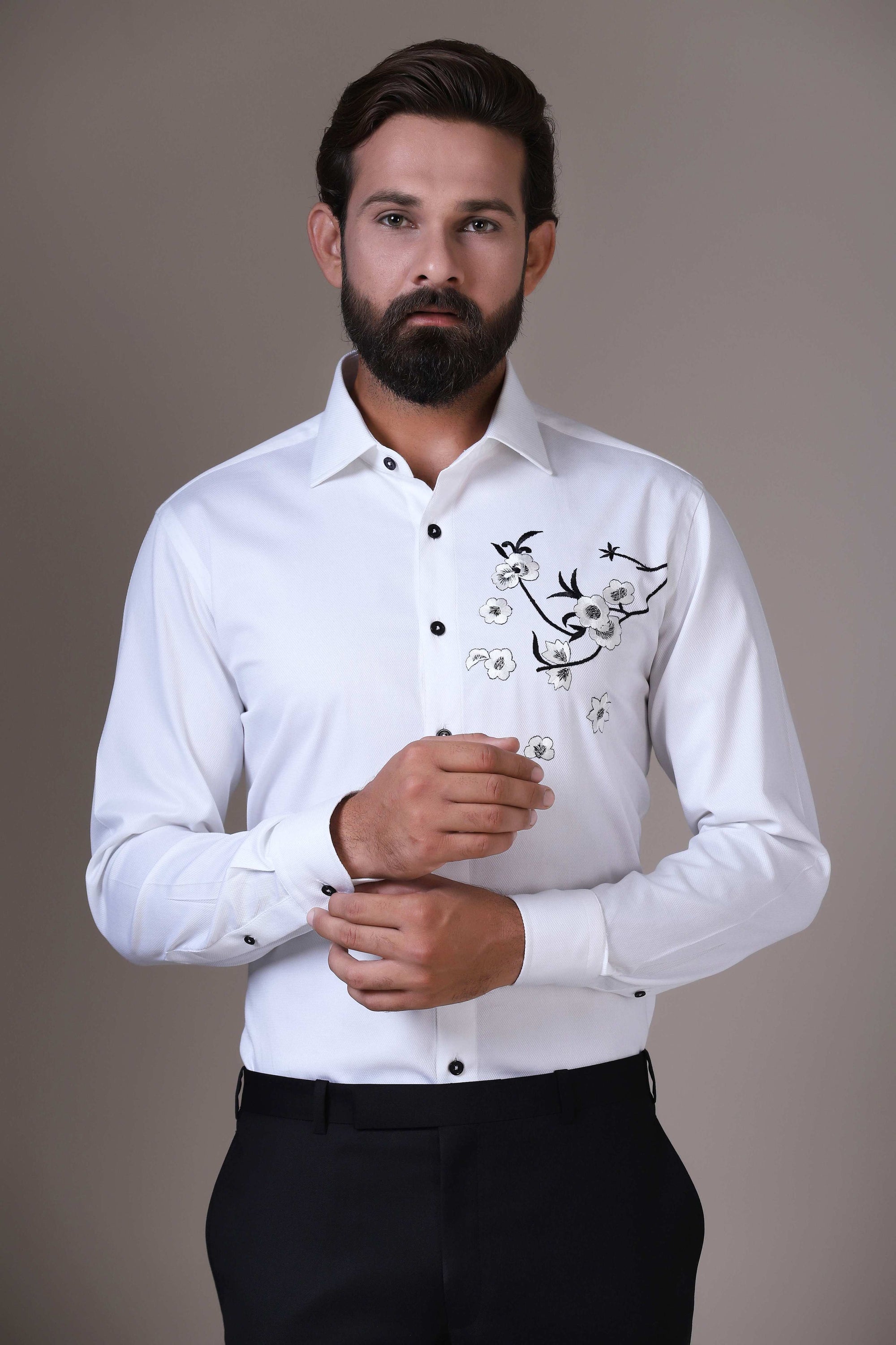 Elevate your evening look with this Floral Motif Evening Shirt. Shop Now!