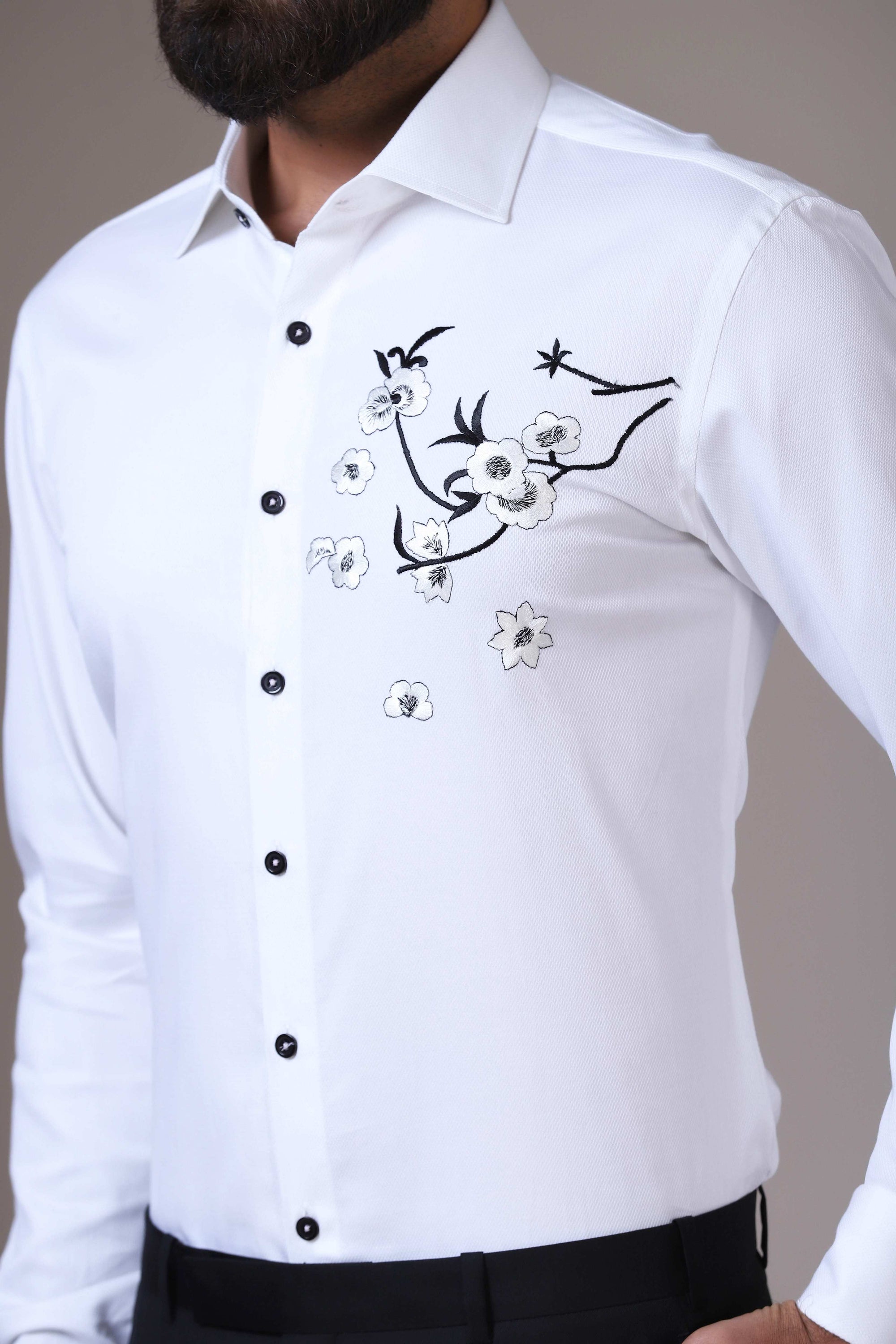 Elevate your evening look with this Floral Motif Evening Shirt. Shop Now!