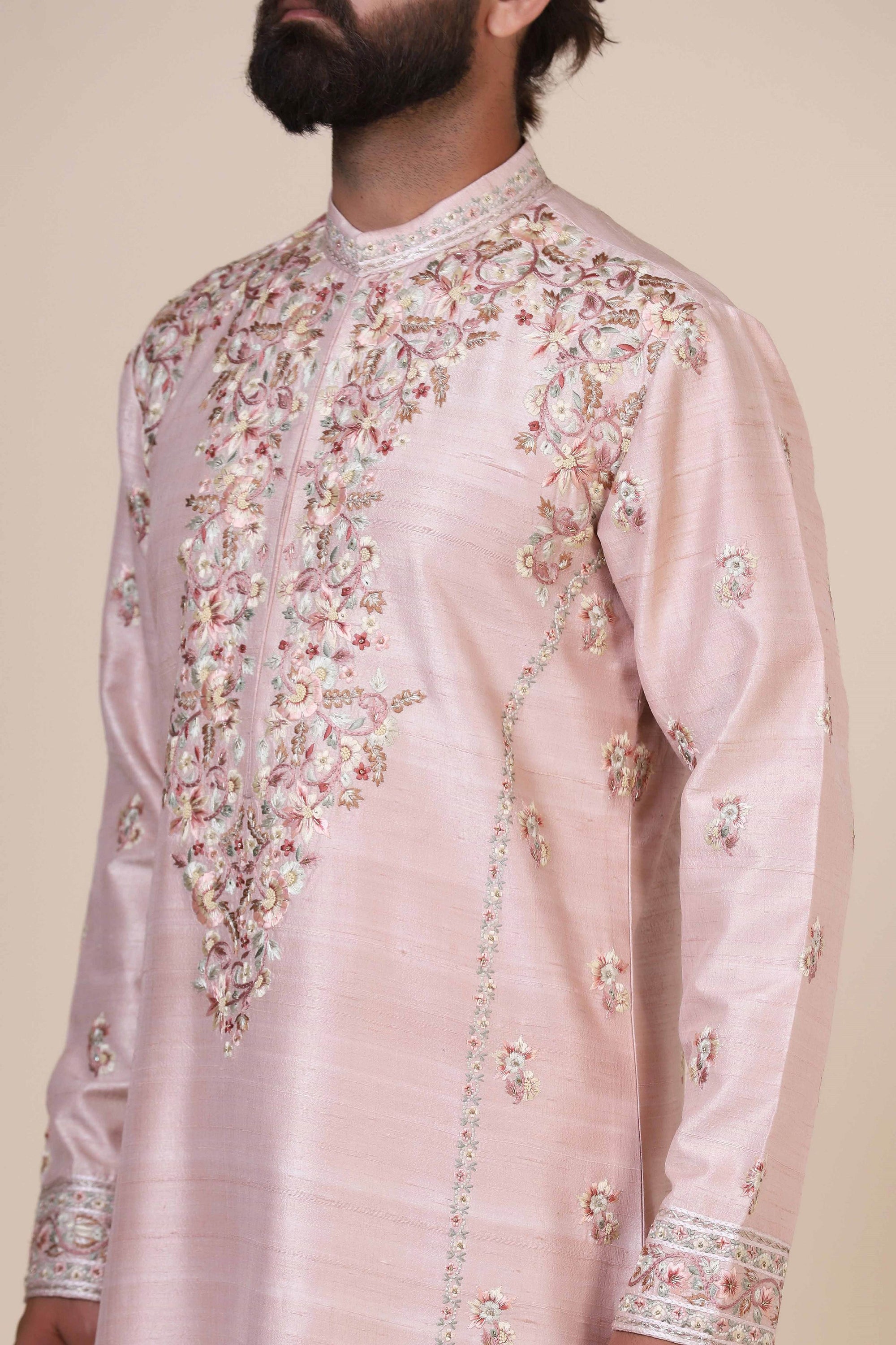 Indulge in elegance with our Pink Kurta, crafted from fine Raw-Silk fabric. Shop Now!
