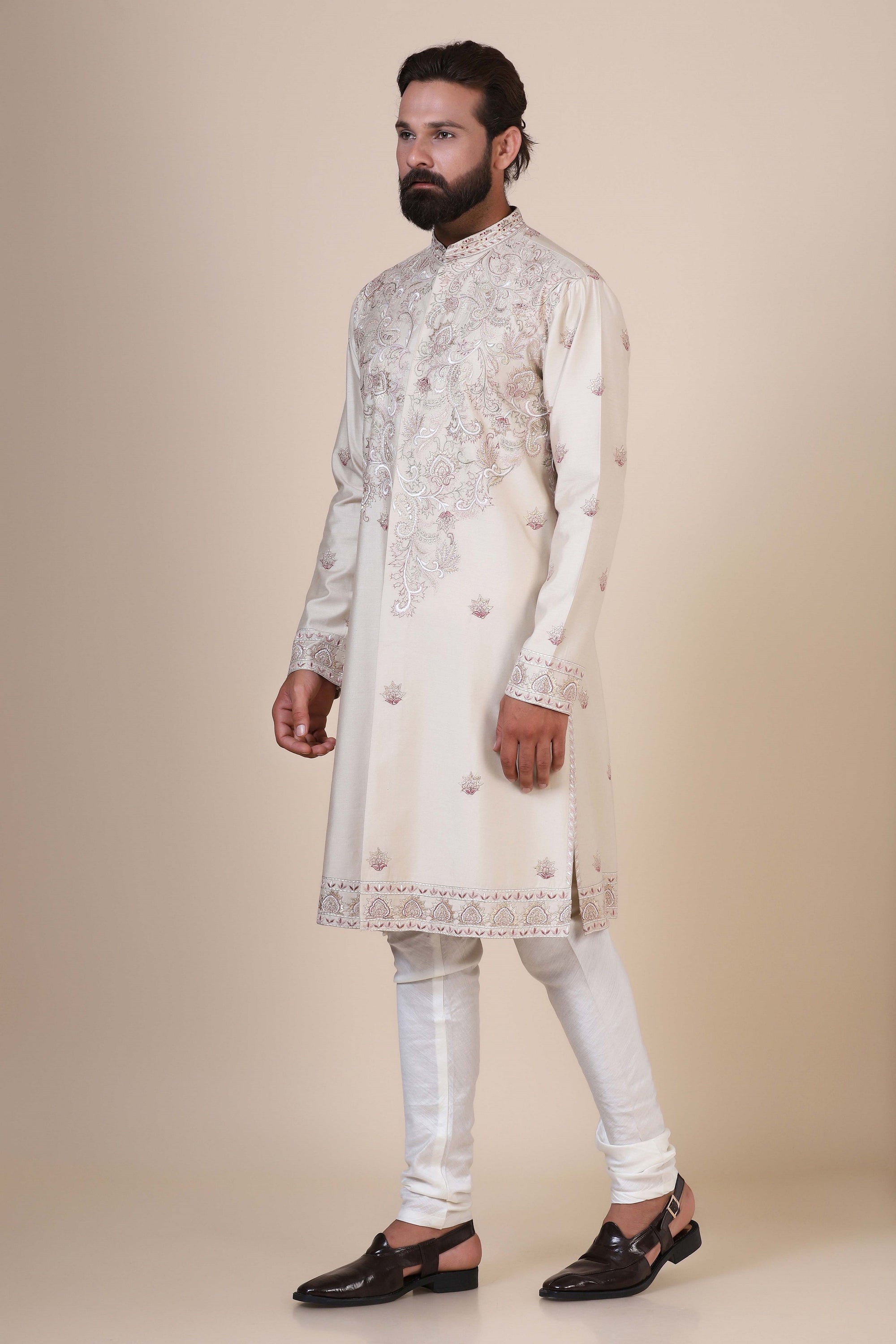 Elevate your style with our beige front open kurta, adorned with subtle tonal embroidery. Shop Now!
