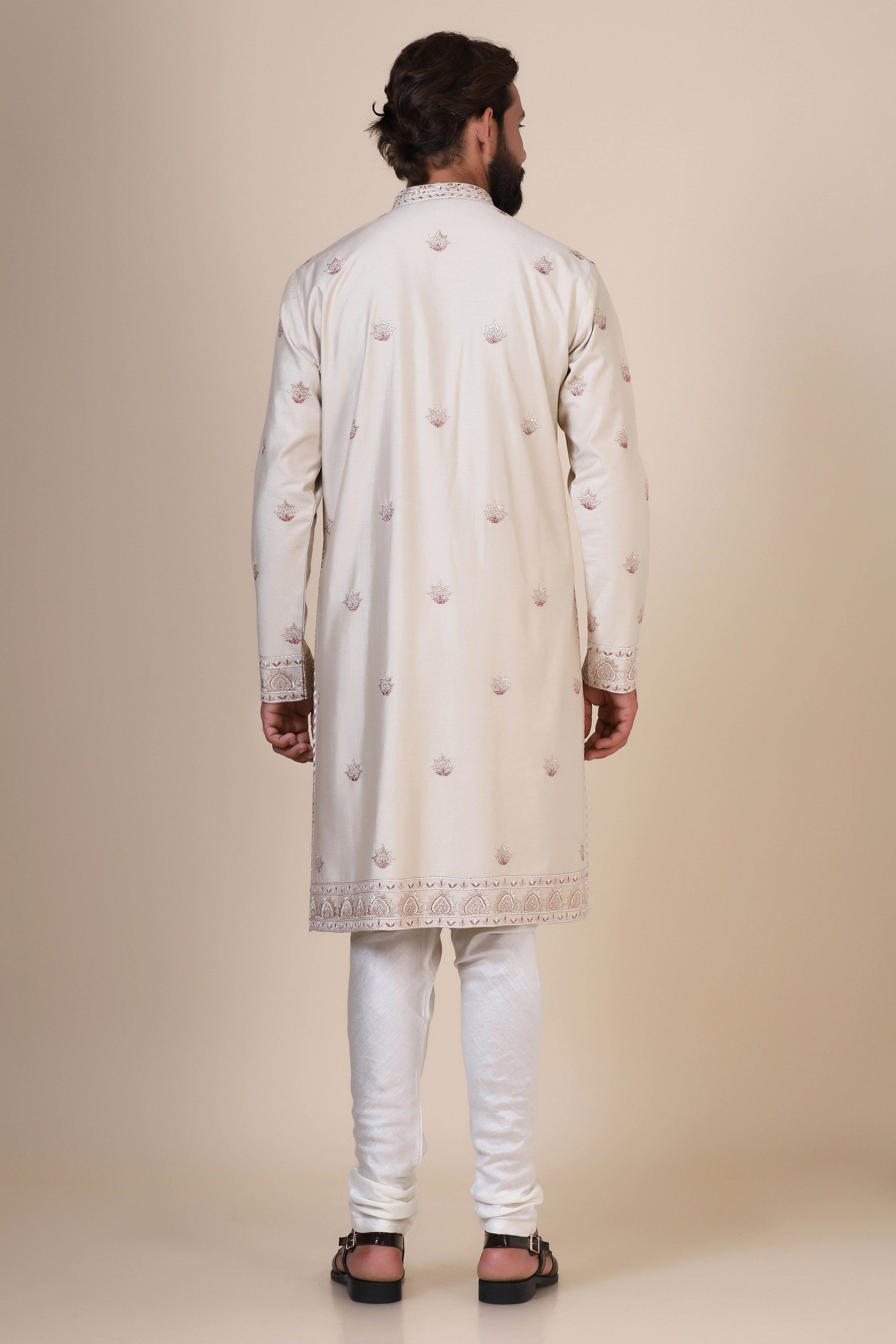 Elevate your style with our beige front open kurta, adorned with subtle tonal embroidery. Shop Now!