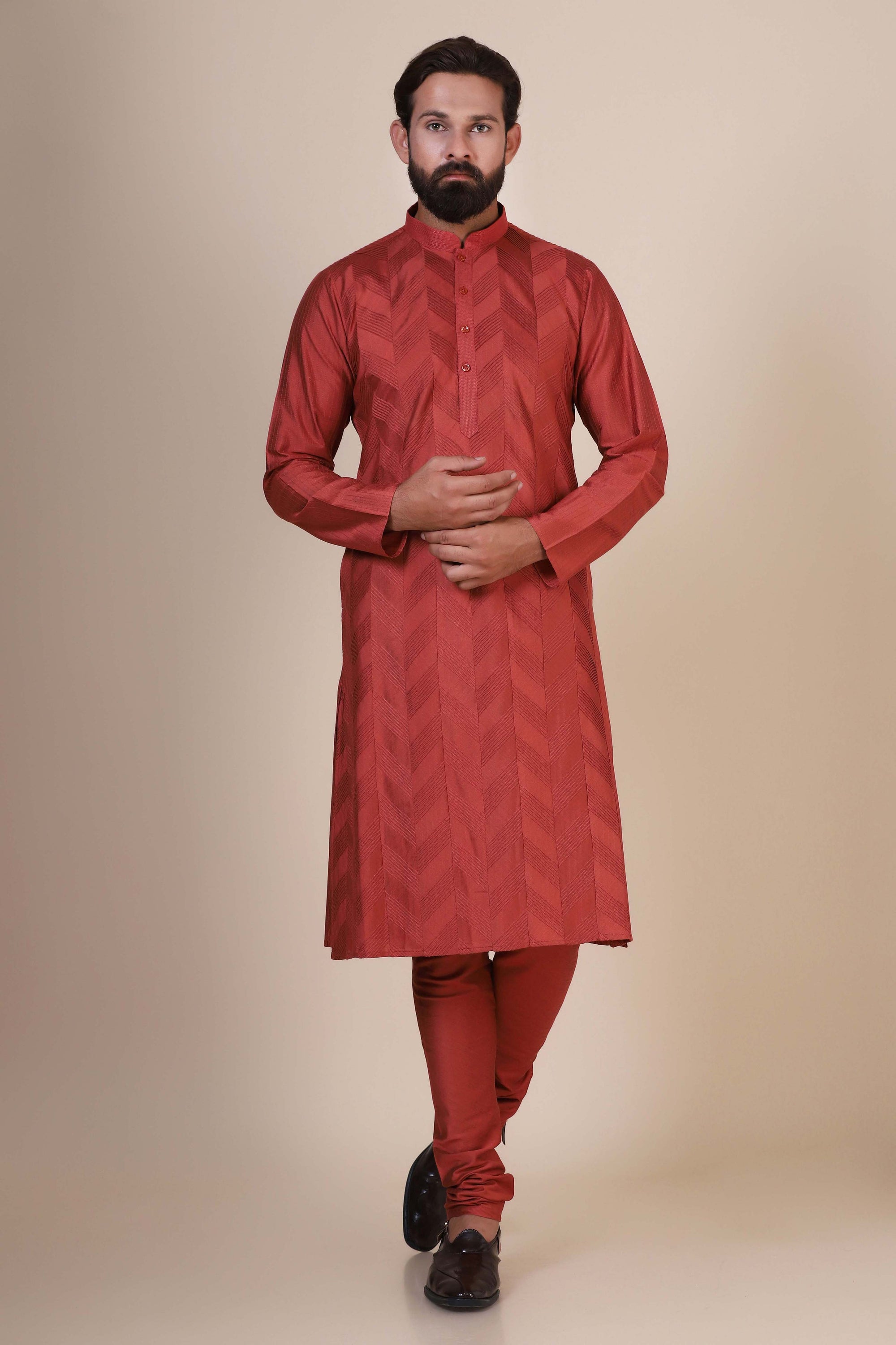 Experience comfort and radiance in our Rust kurta pajama, crafted from blended cotton. Shop Now!