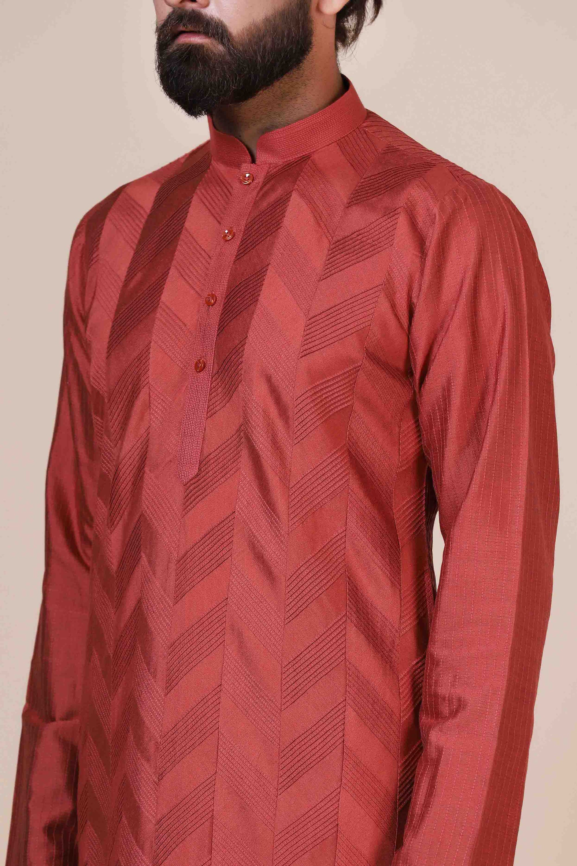 Experience comfort and radiance in our Rust kurta pajama, crafted from blended cotton. Shop Now!